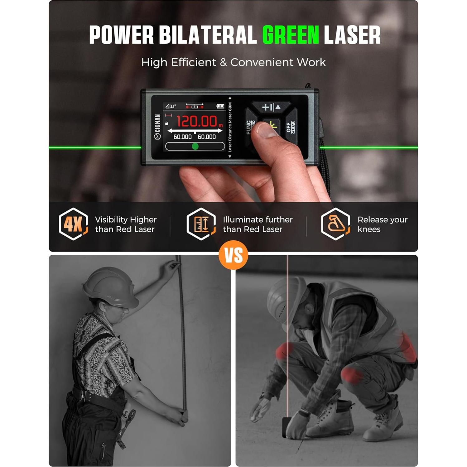 Medidor Láser CIGMAN CD-60G 120m Verde Recargable con Nivel