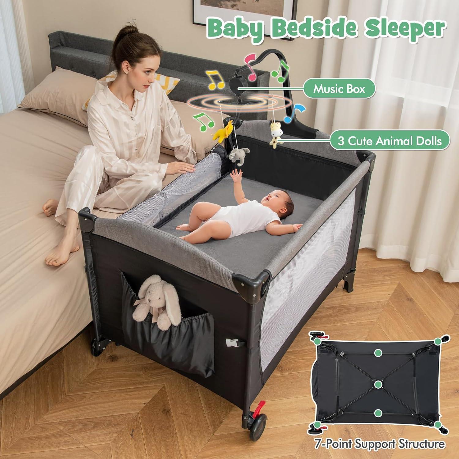 Cuna Lateral Honey Joy 6 en 1 Pack and Play para Bebés Negro