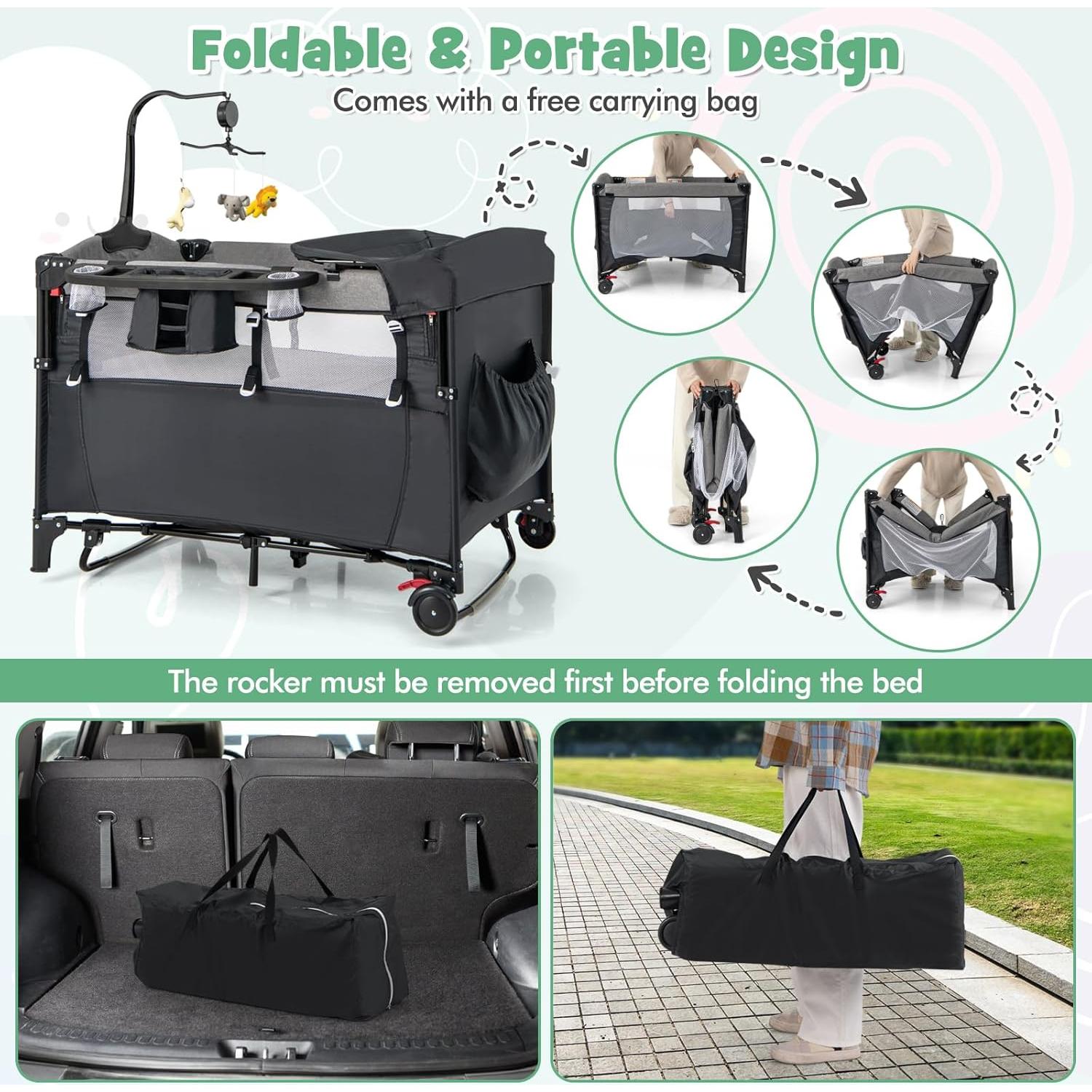 Cuna Lateral Honey Joy 6 en 1 Pack and Play para Bebés Negro