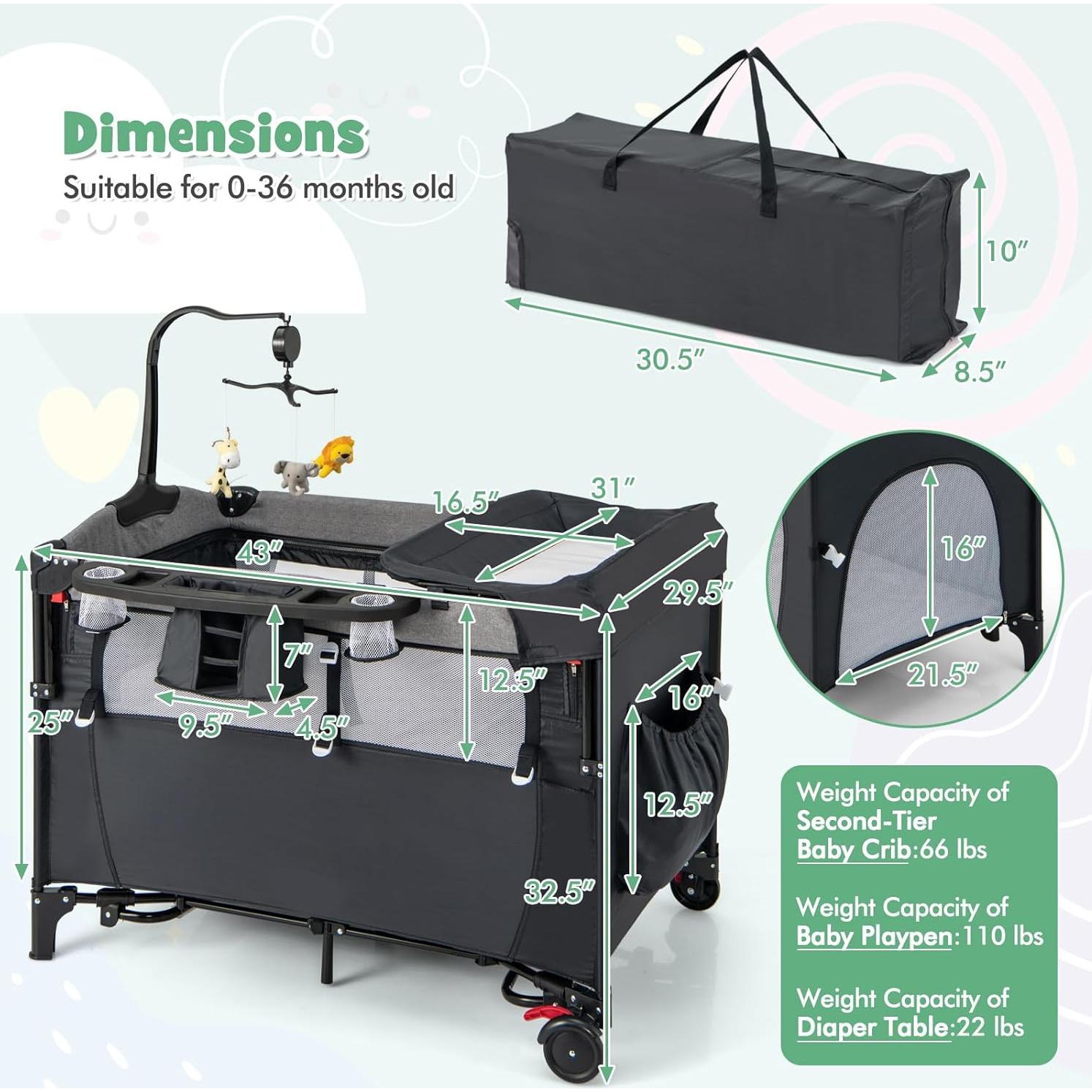 Cuna Lateral Honey Joy 6 en 1 Pack and Play para Bebés Negro