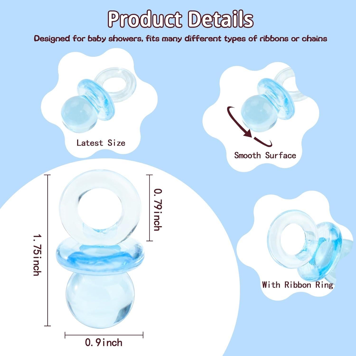 36 Chupetes Acrílicos Azules para Baby Shower - 4.45 cm