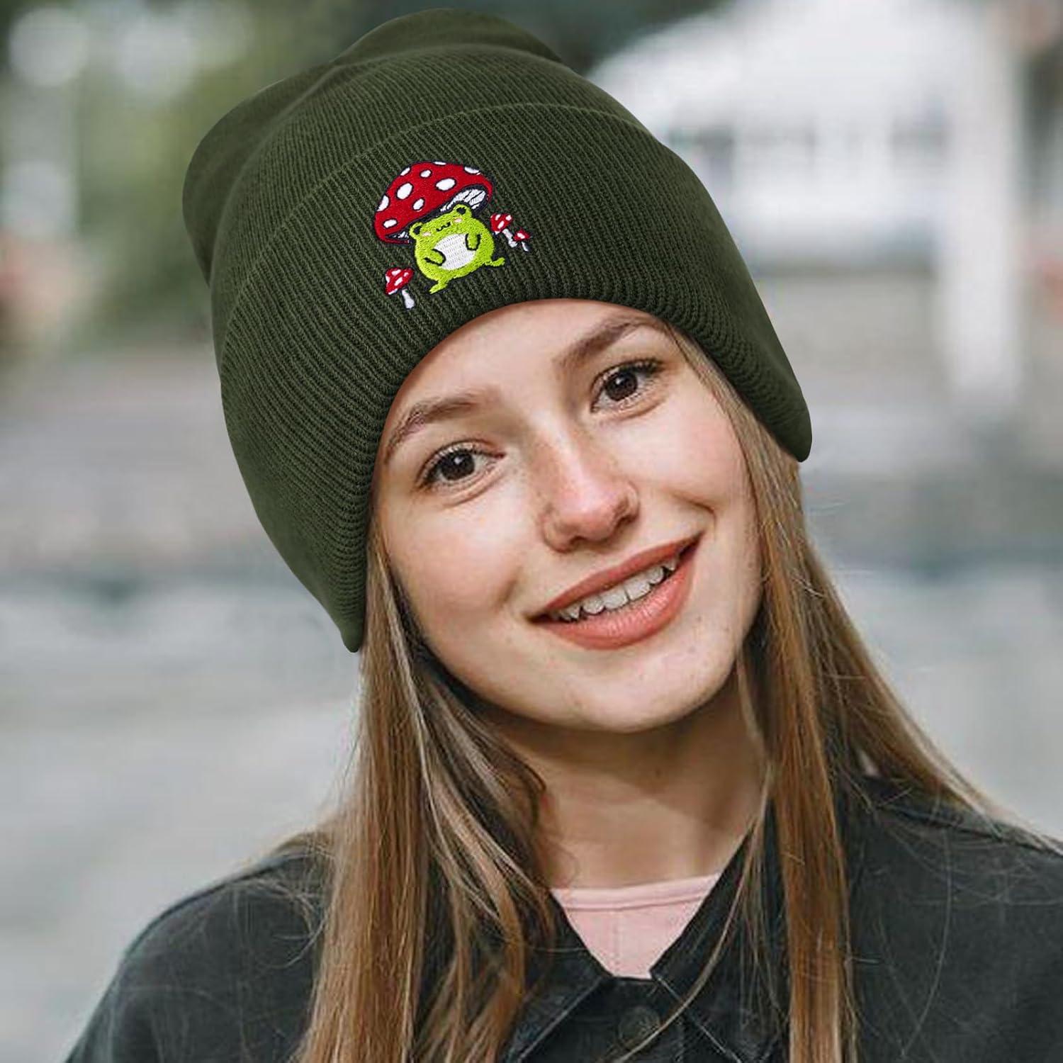 Gorro de Hongo Rana Unisex Verde con Bordado Divertido