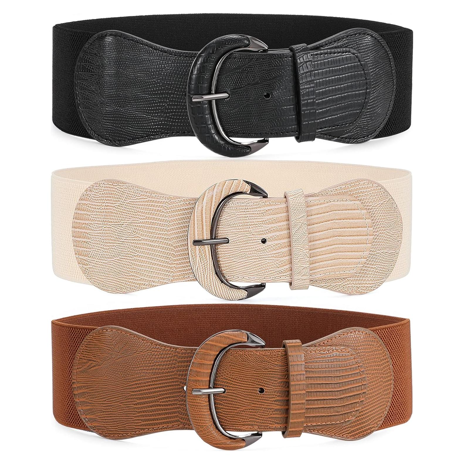 Cinturón Elástico Ancho Whippy 3 Pack para Mujeres - Negro, Marrón, Beige