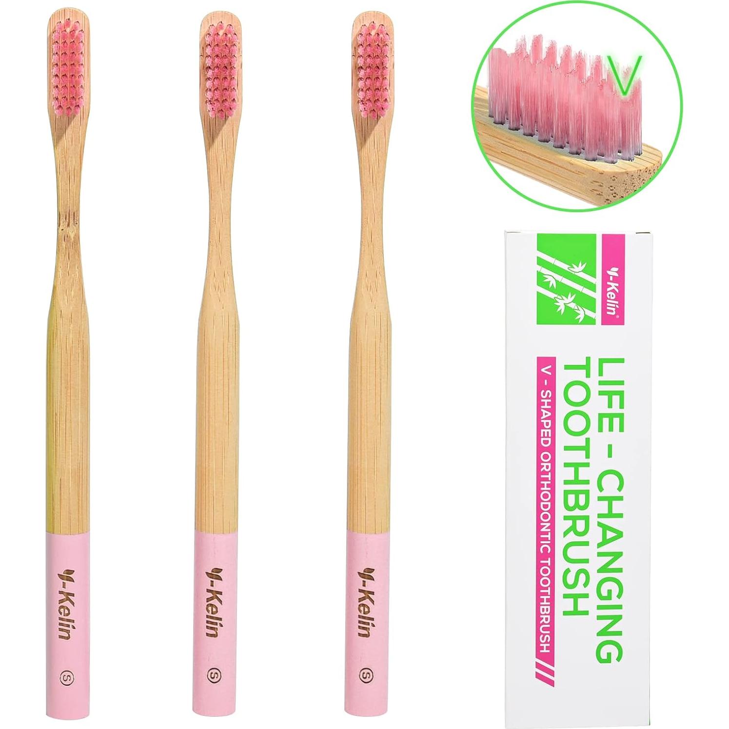 Cepillo de Dientes Ortodóntico Y-Kelin de Bambú 3 Piezas Rosa