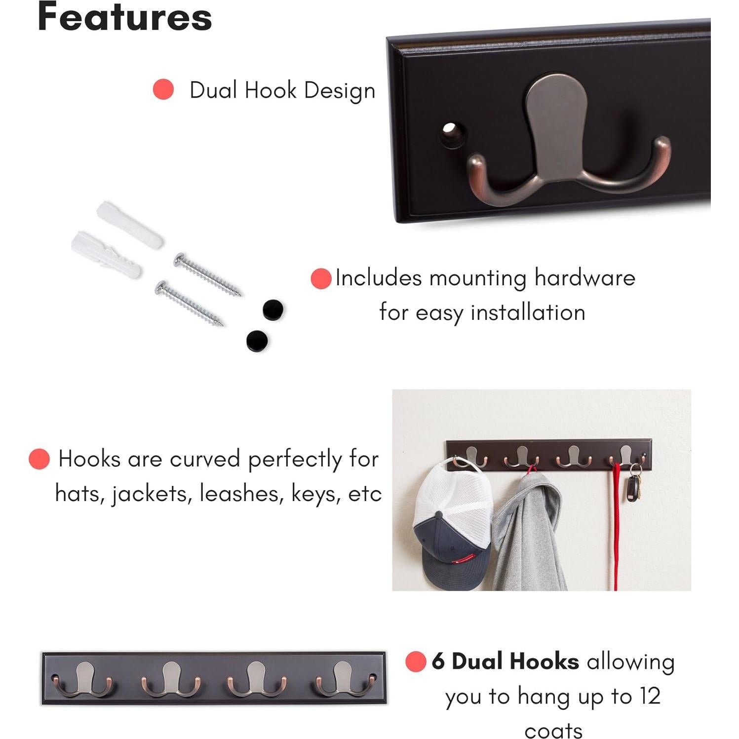 Perchero de Doble Gancho BIRDROCK HOME para Pared - 4 Ganchos