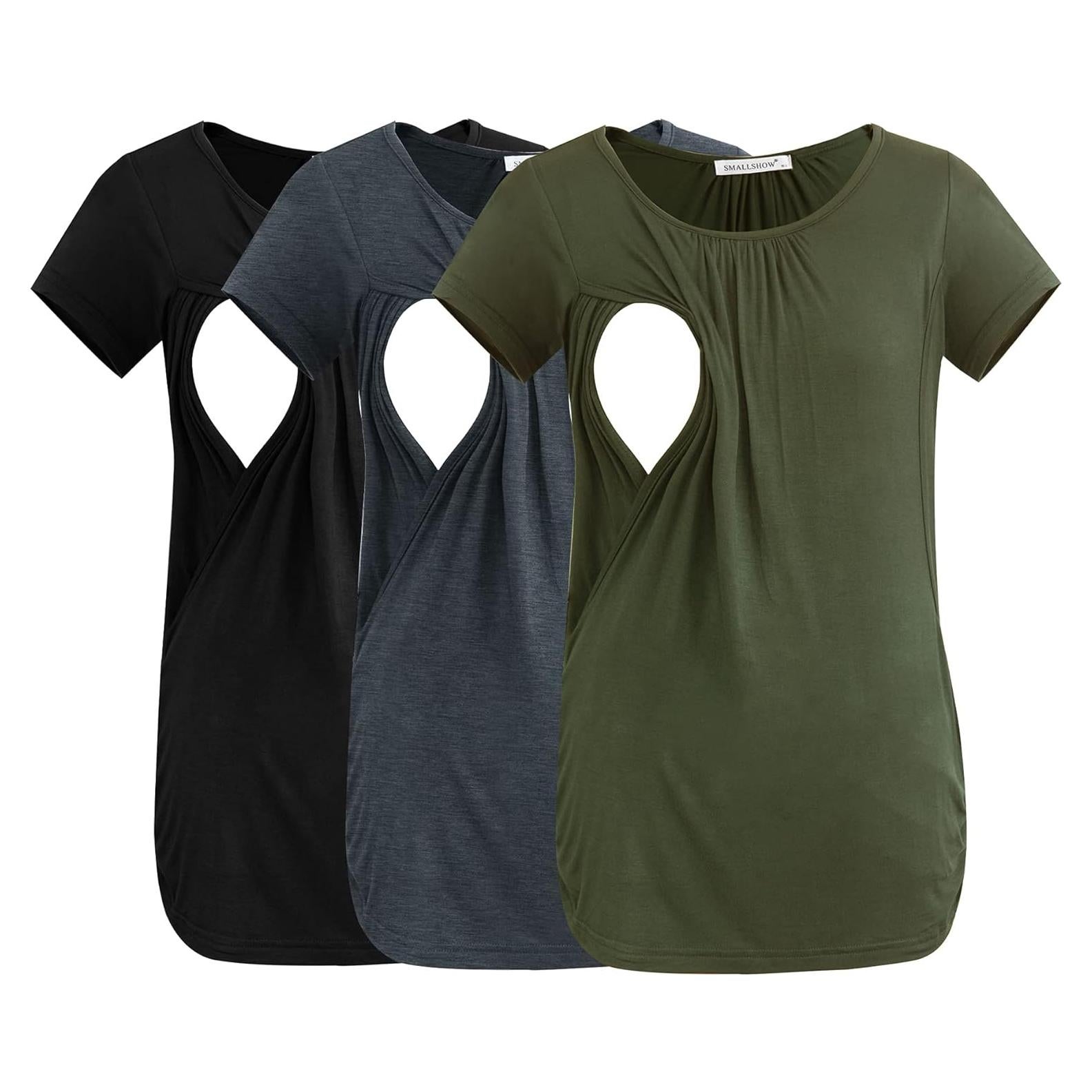 Camisetas de Lactancia Manga Corta Smallshow 3-Pack Verde, Negro, Gris