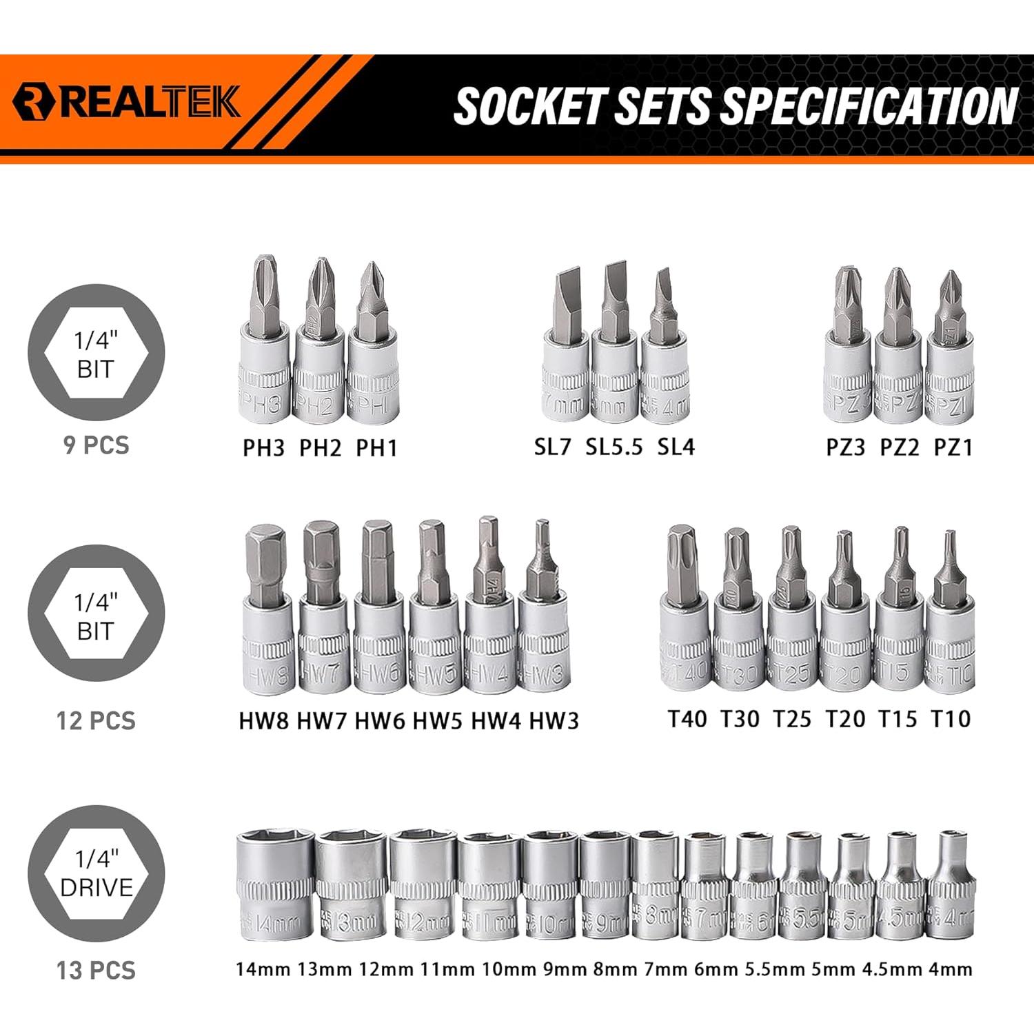 Juego de Llaves 66 Piezas REALTEK 1/4" 72 Dientes Profesional