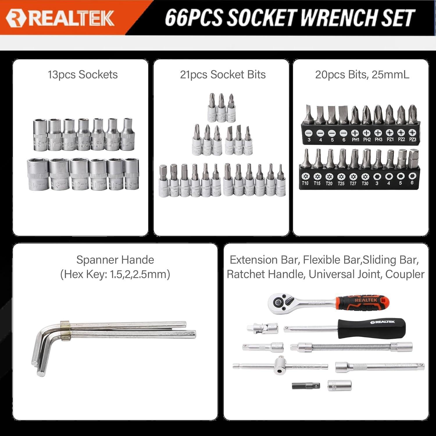 Juego de Llaves 66 Piezas REALTEK 1/4" 72 Dientes Profesional