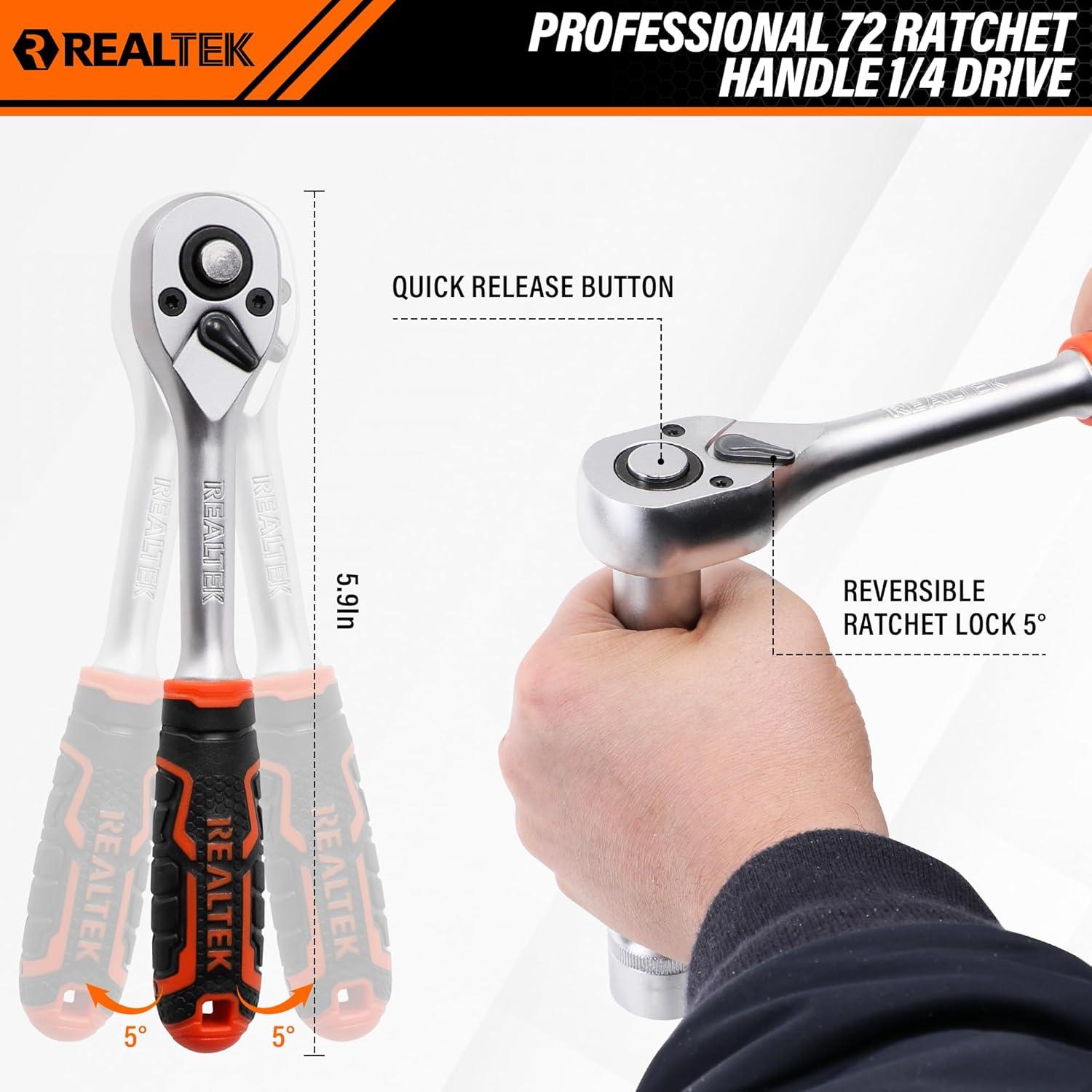 Juego de Llaves 66 Piezas REALTEK 1/4" 72 Dientes Profesional