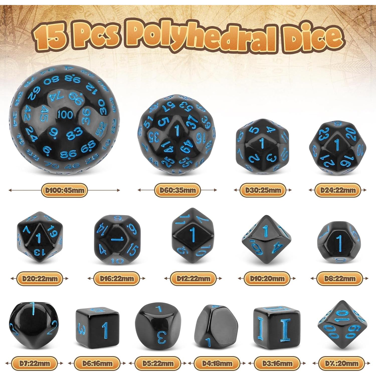 Dados Poliedricos Coyeekn 15 Piezas D3-D100 con Bolsa