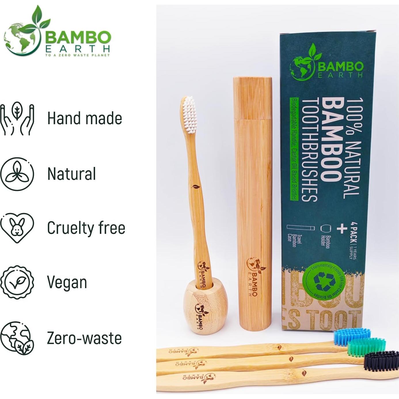 Set de 4 Cepillos de Dientes de Bambú BAMBOEARTH - Ecológicos y Biodegradables