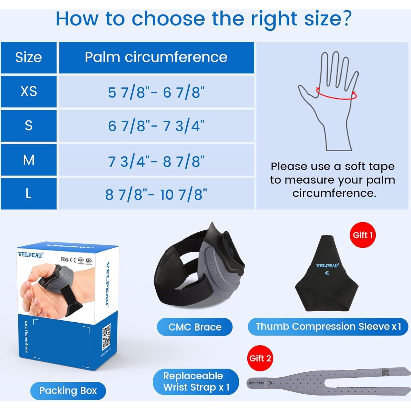 Férula de Pulgar Velpeau CMC Gris Mano Derecha M para Artritis