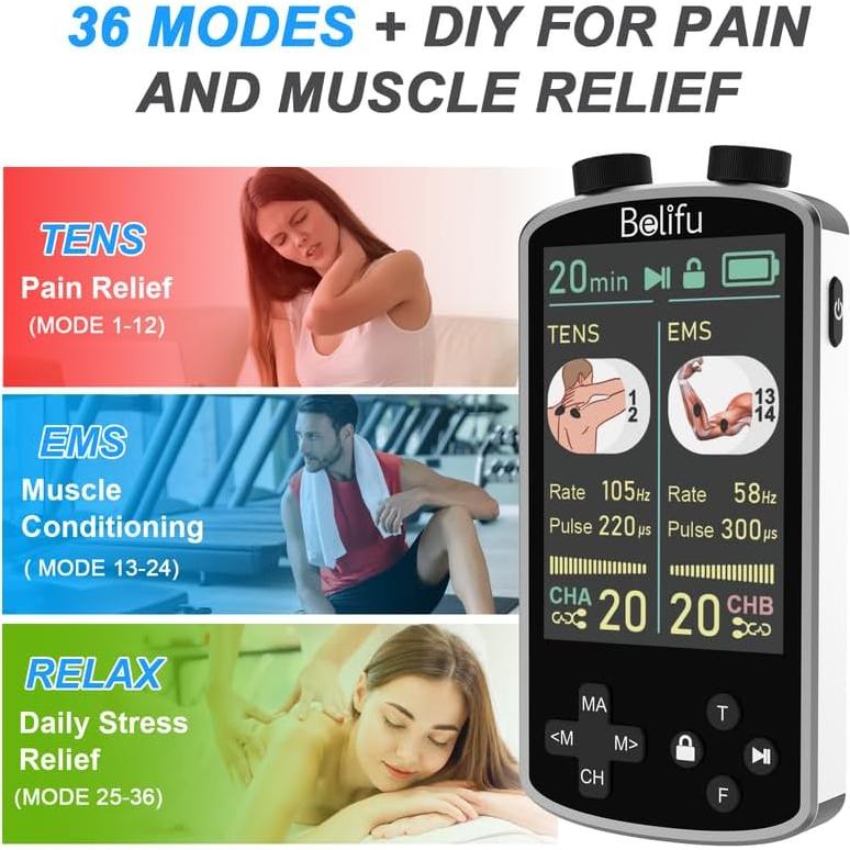Unidad de Estimulacion Muscular TENS EMS Belifu 4 en 1 36 Modos