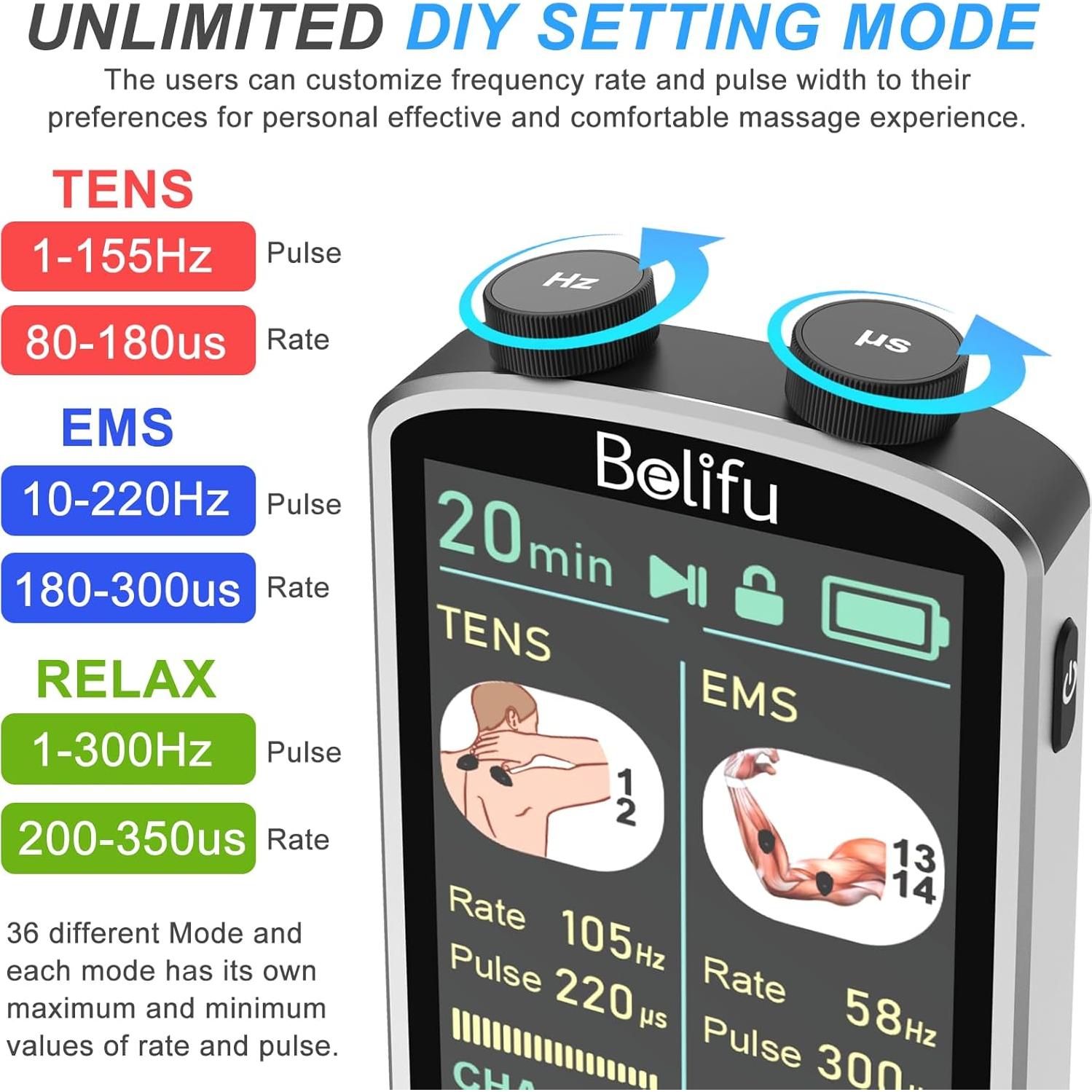 Unidad de Estimulacion Muscular TENS EMS Belifu 4 en 1 36 Modos