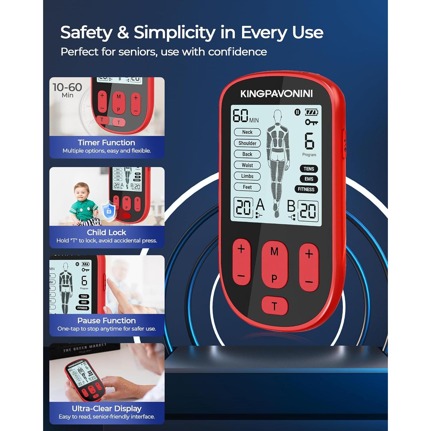 Estimulador Muscular TENS 3-en-1 KingPavonini Rojo 36 Modos