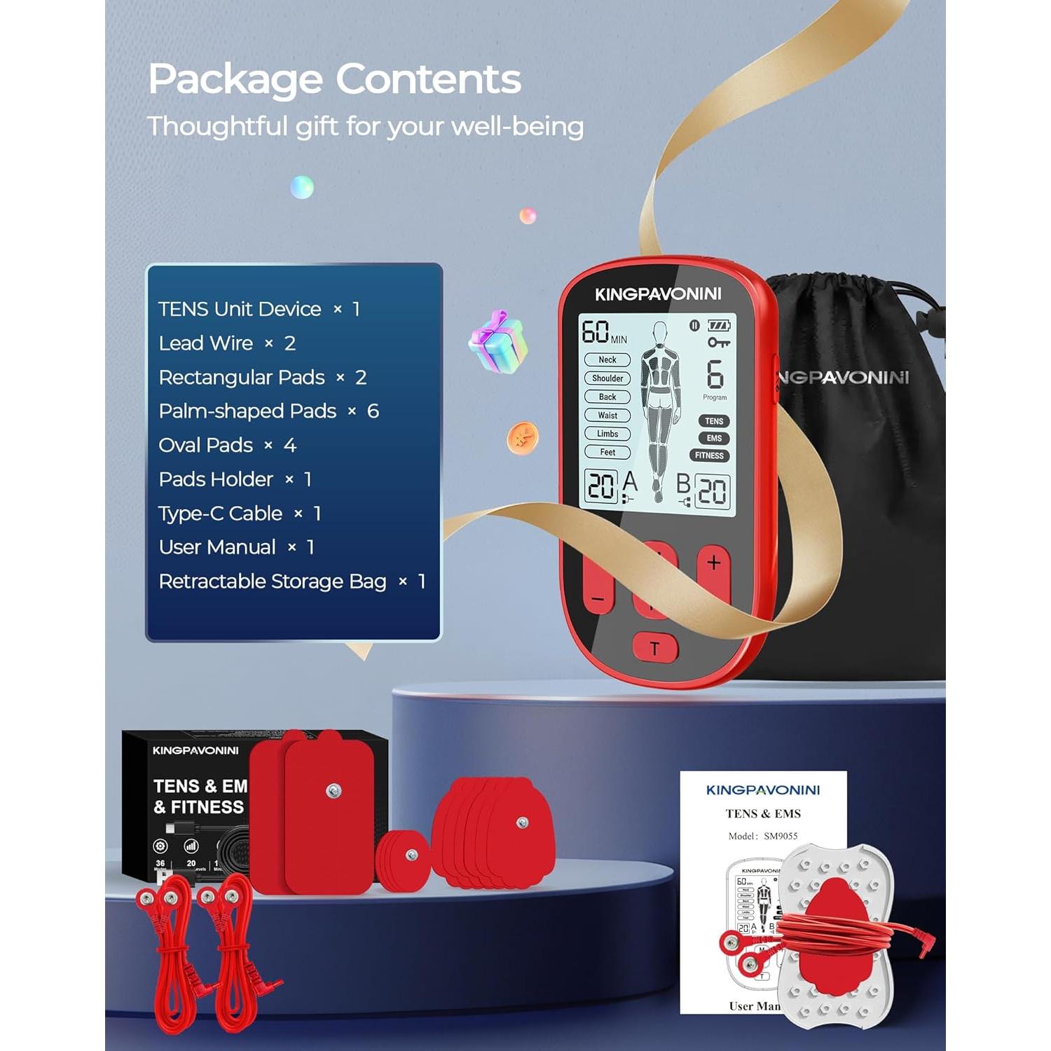 Estimulador Muscular TENS 3-en-1 KingPavonini Rojo 36 Modos