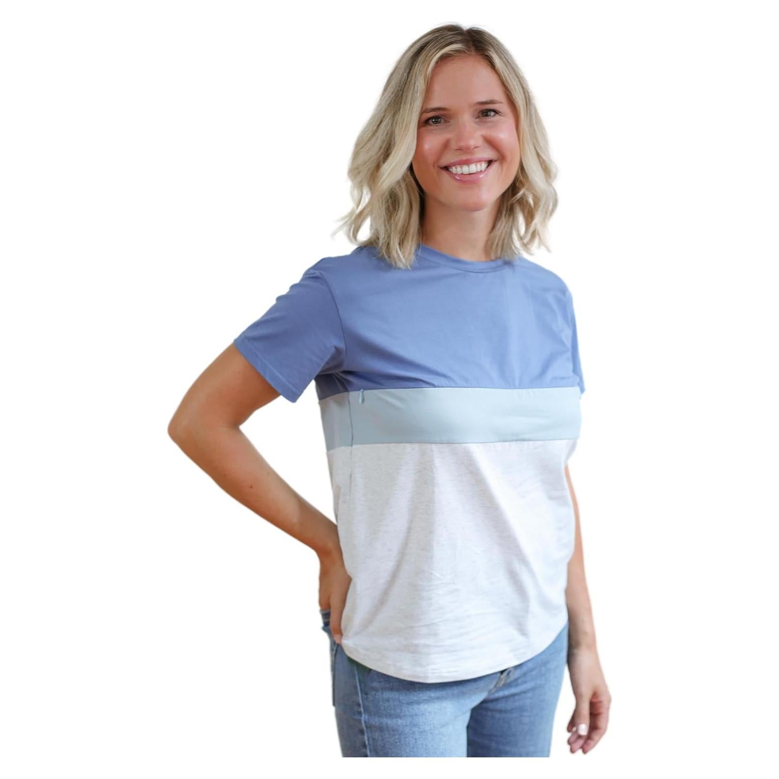 Camiseta de Lactancia Movemama con Cremallera Invisible - Azul/Gris
