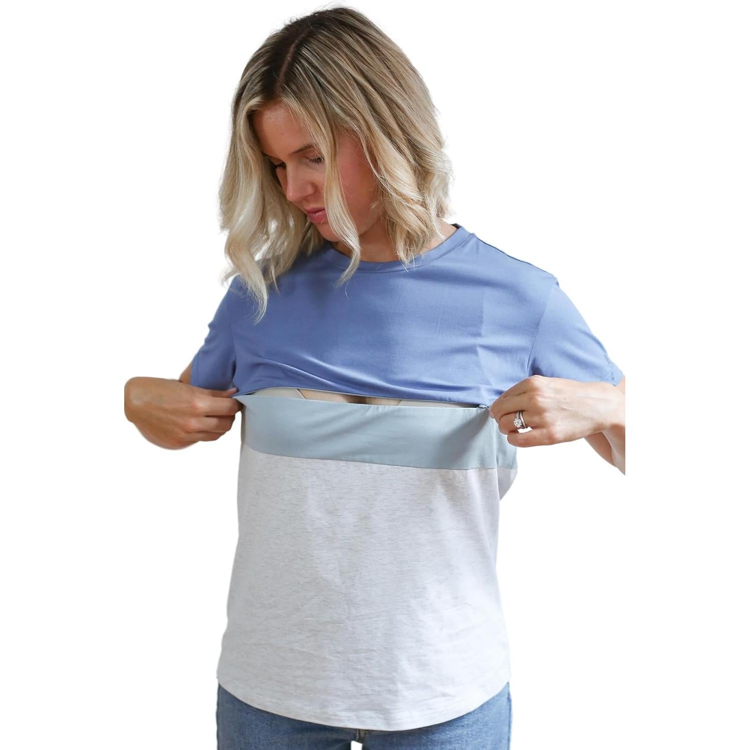 Camiseta de Lactancia Movemama con Cremallera Invisible - Azul/Gris