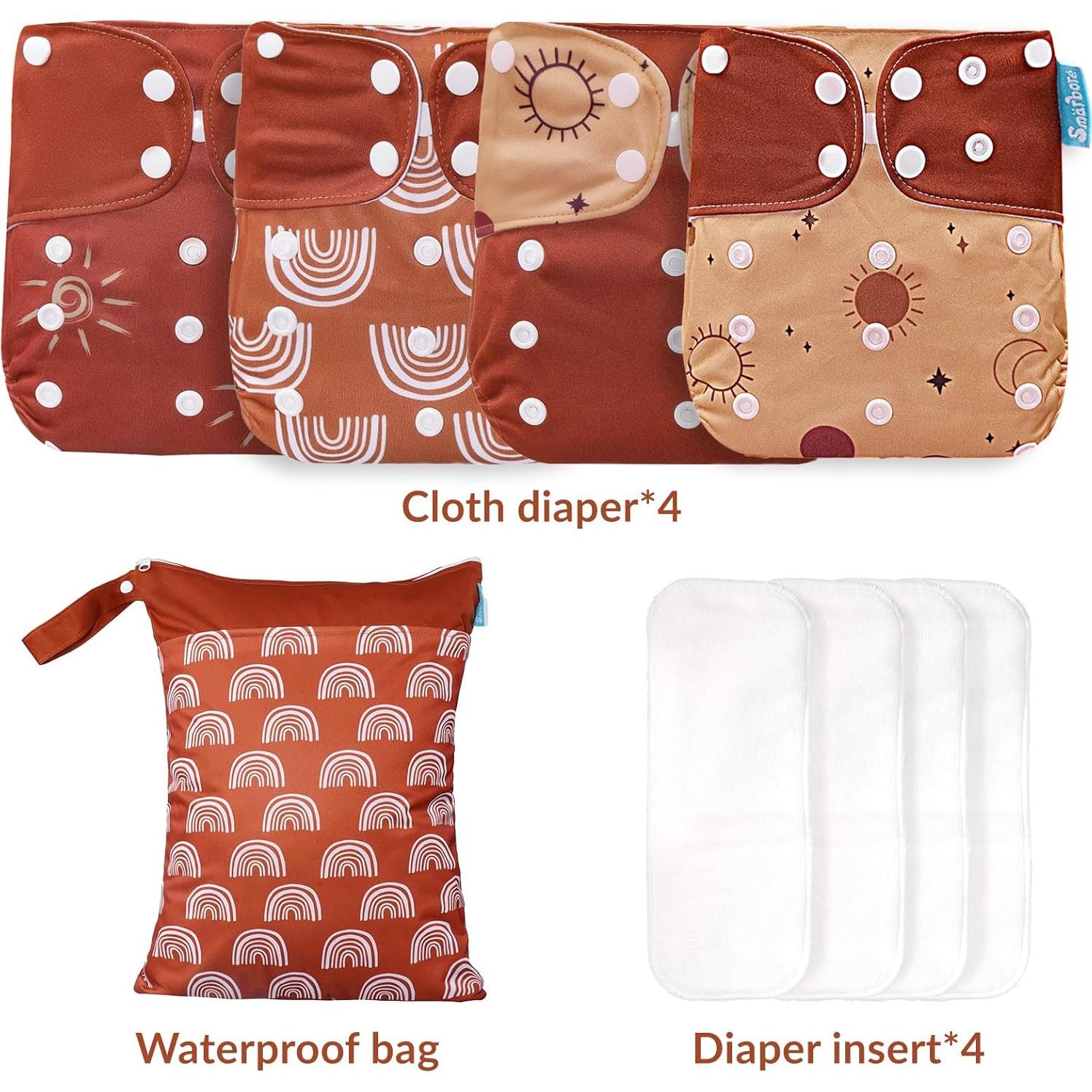 Juego de Pañales de Tela Smarbore - 4 Pañales Reutilizables 2.7-15 kg