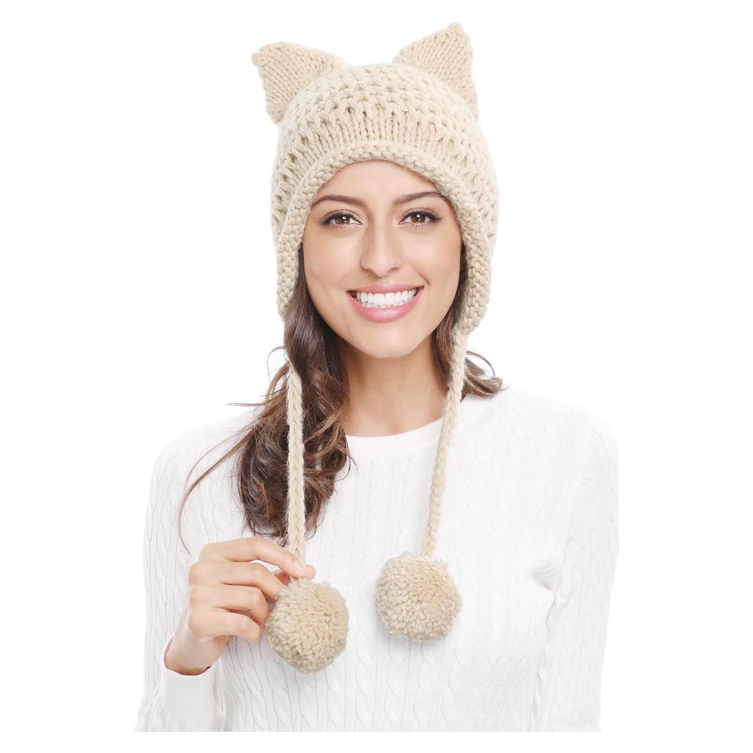 Gorro de Tejer con Orejas de Gato Bellady Invierno Beige