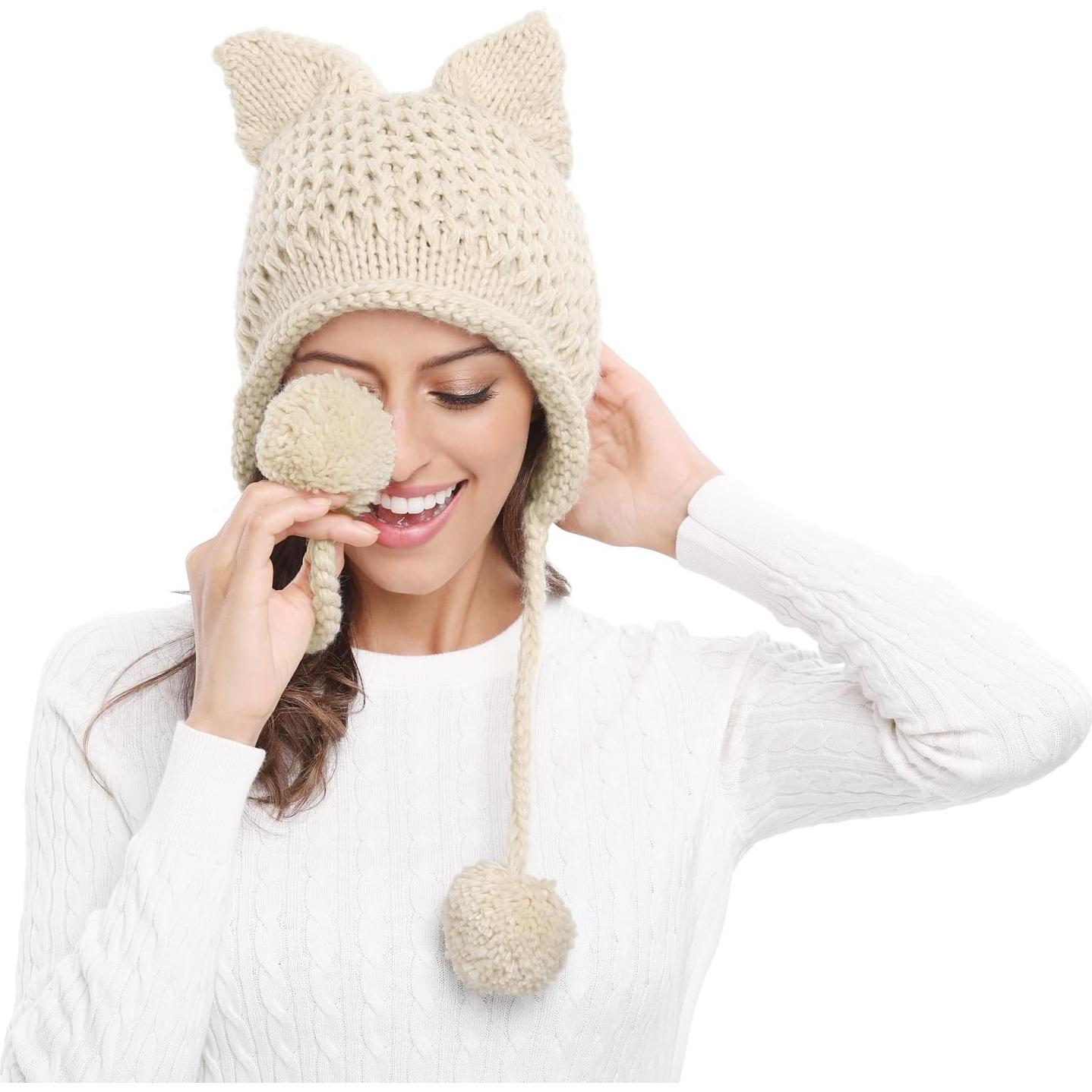 Gorro de Tejer con Orejas de Gato Bellady Invierno Beige
