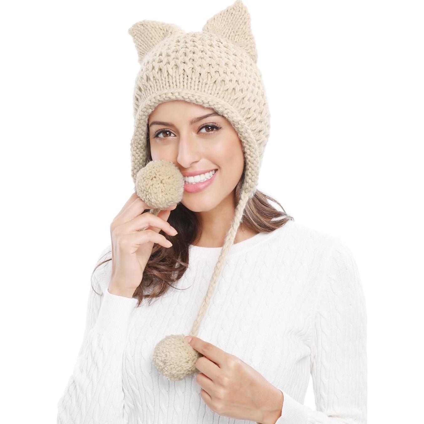 Gorro de Tejer con Orejas de Gato Bellady Invierno Beige