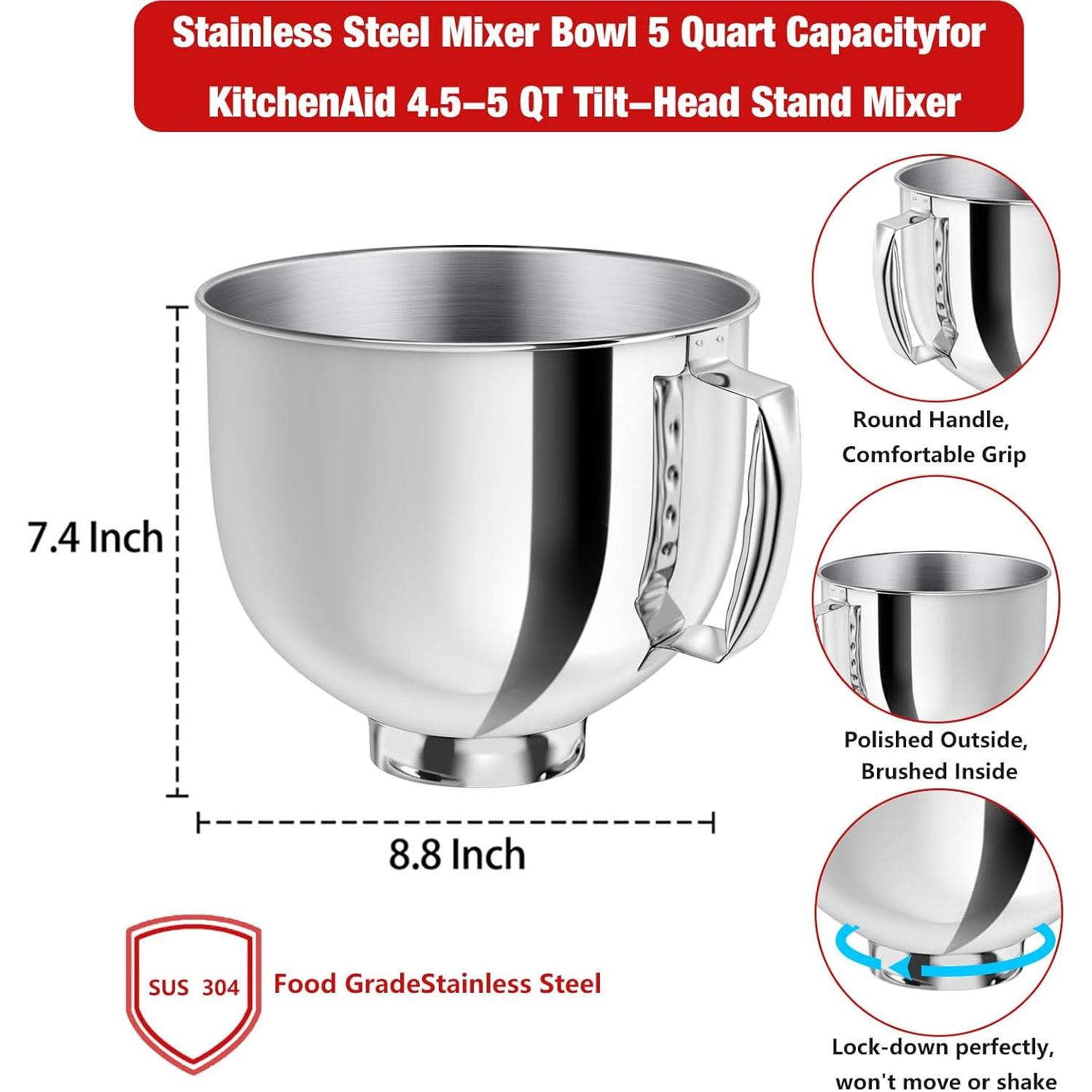 Tazón de acero inoxidable 5QT XINCAN para mezcladores KitchenAid