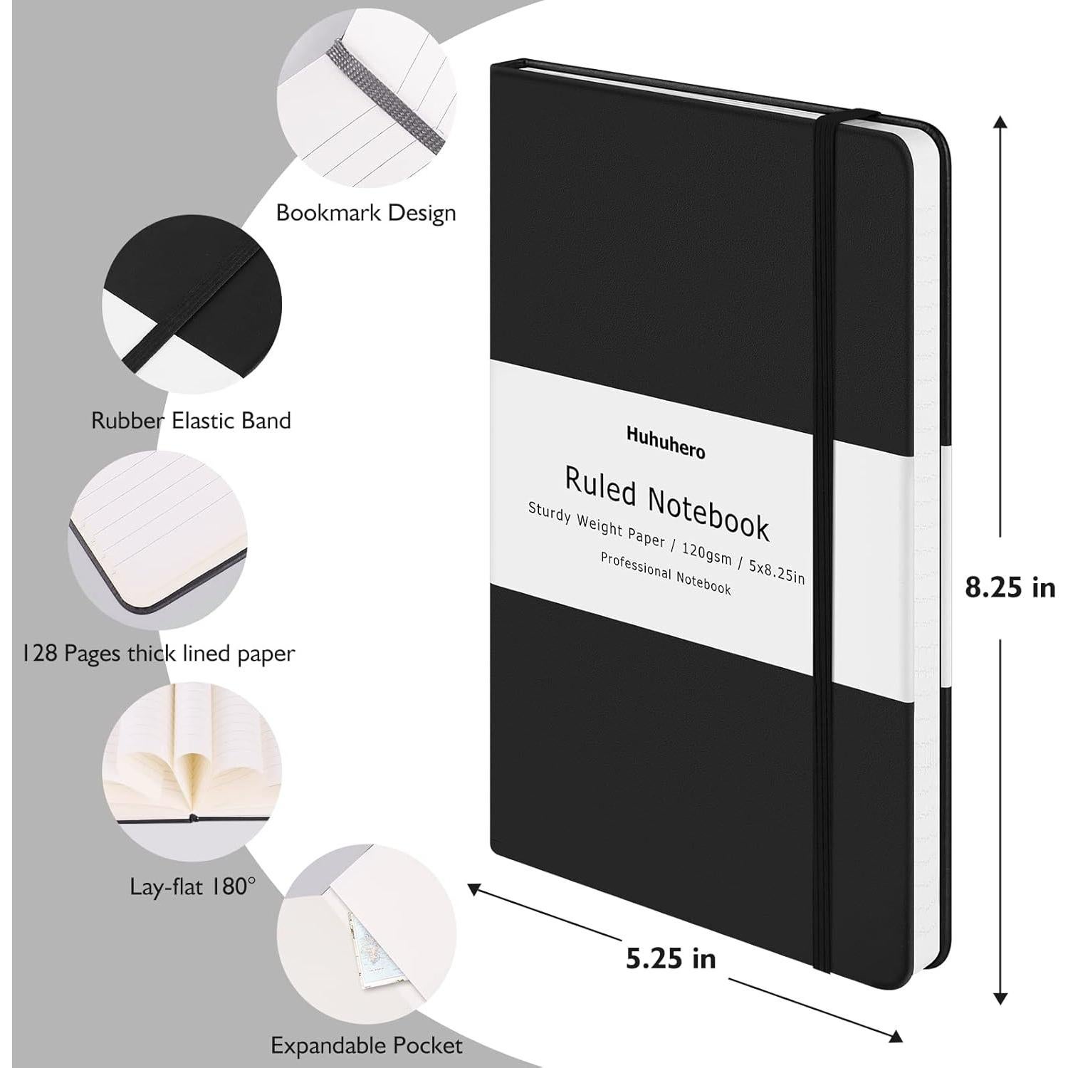 Cuaderno Huhuhero Tapa Dura 120gsm Negro 5x8" - Pack de 3