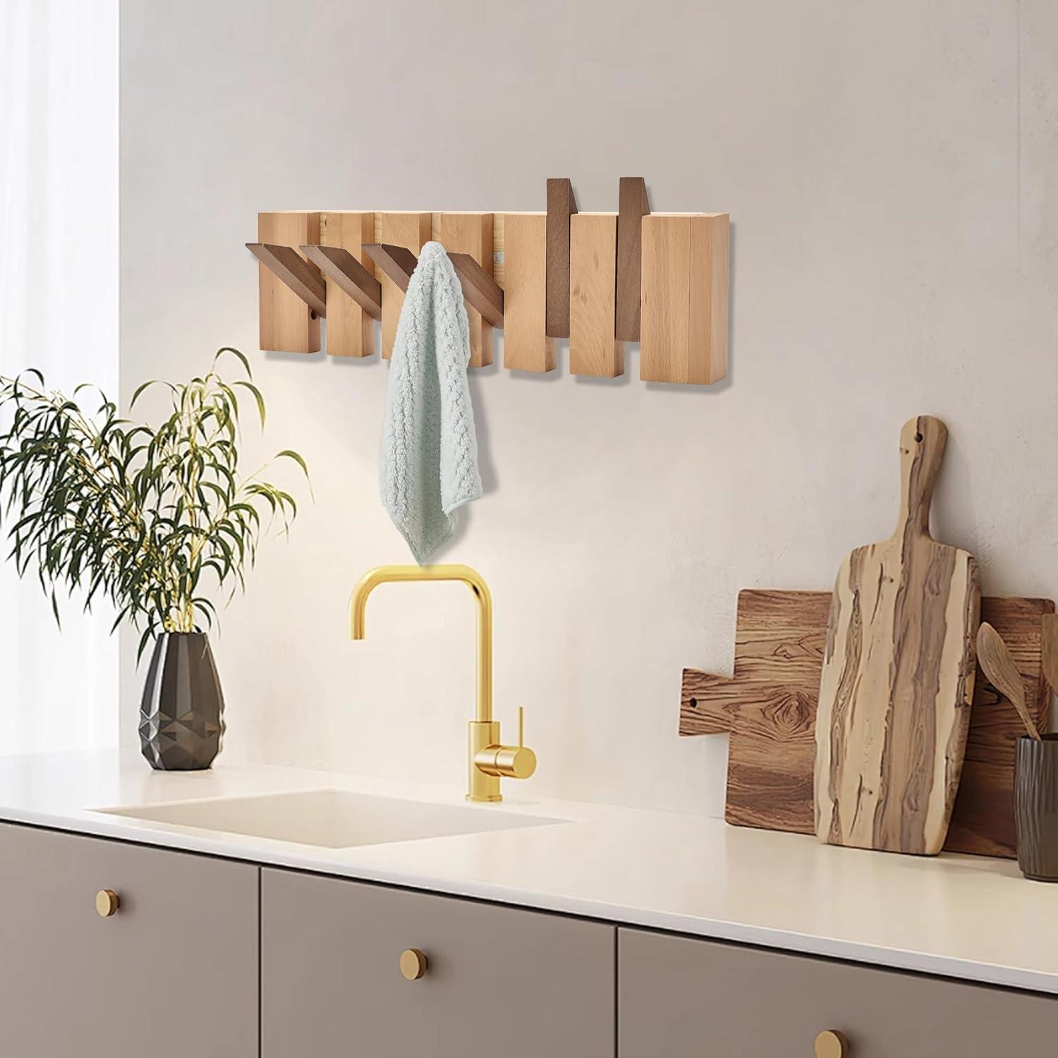 Perchero de Madera Natural HLYYCC Plegable 6 Ganchos Montado