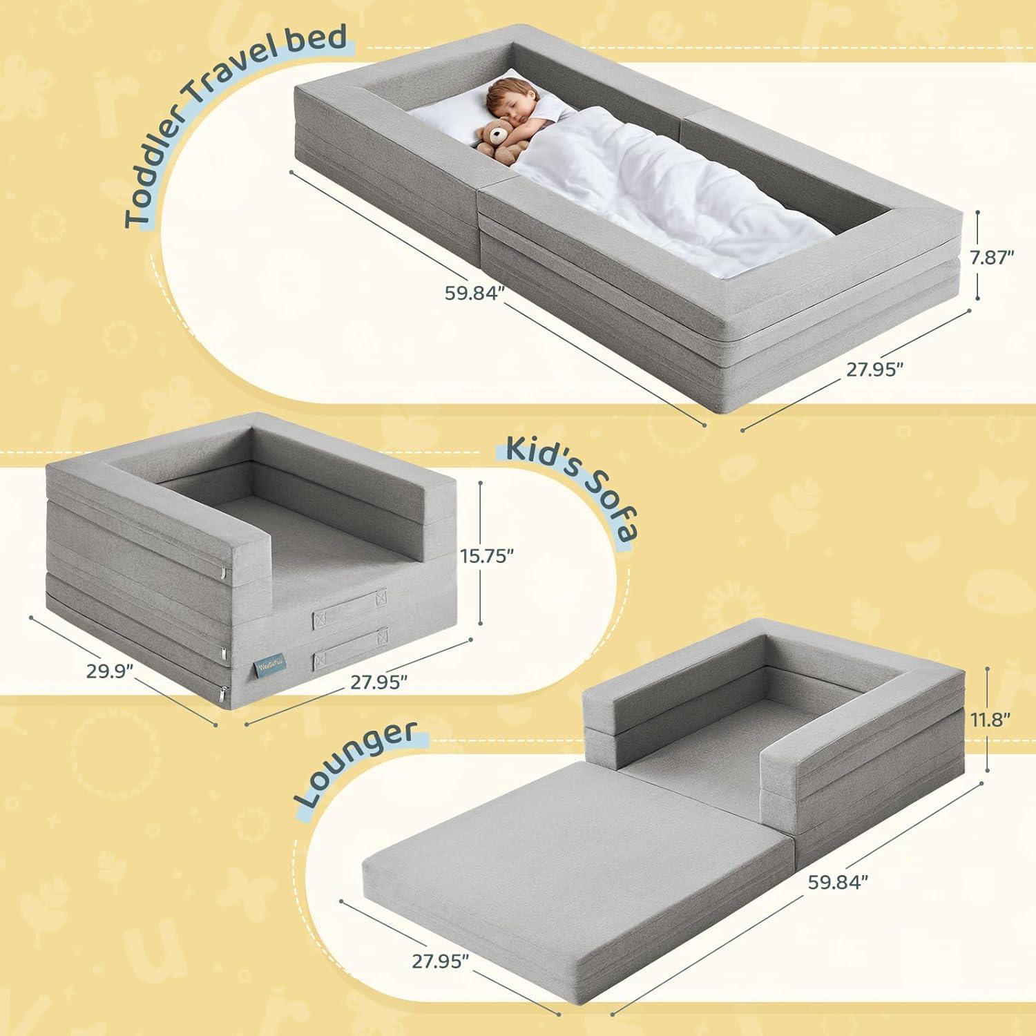 Cama de viaje para niños WeeGuruu 3 en 1, ceniza, 152x71 cm