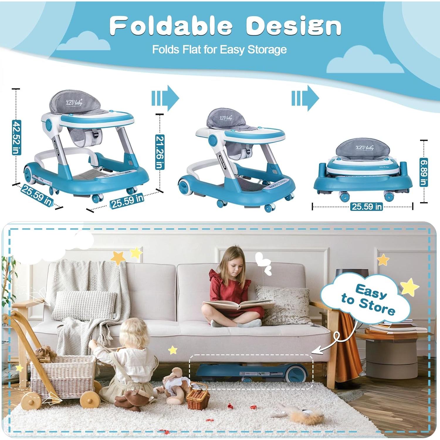 Andador Plegable para Bebé 4 en 1 Ajustable Azul