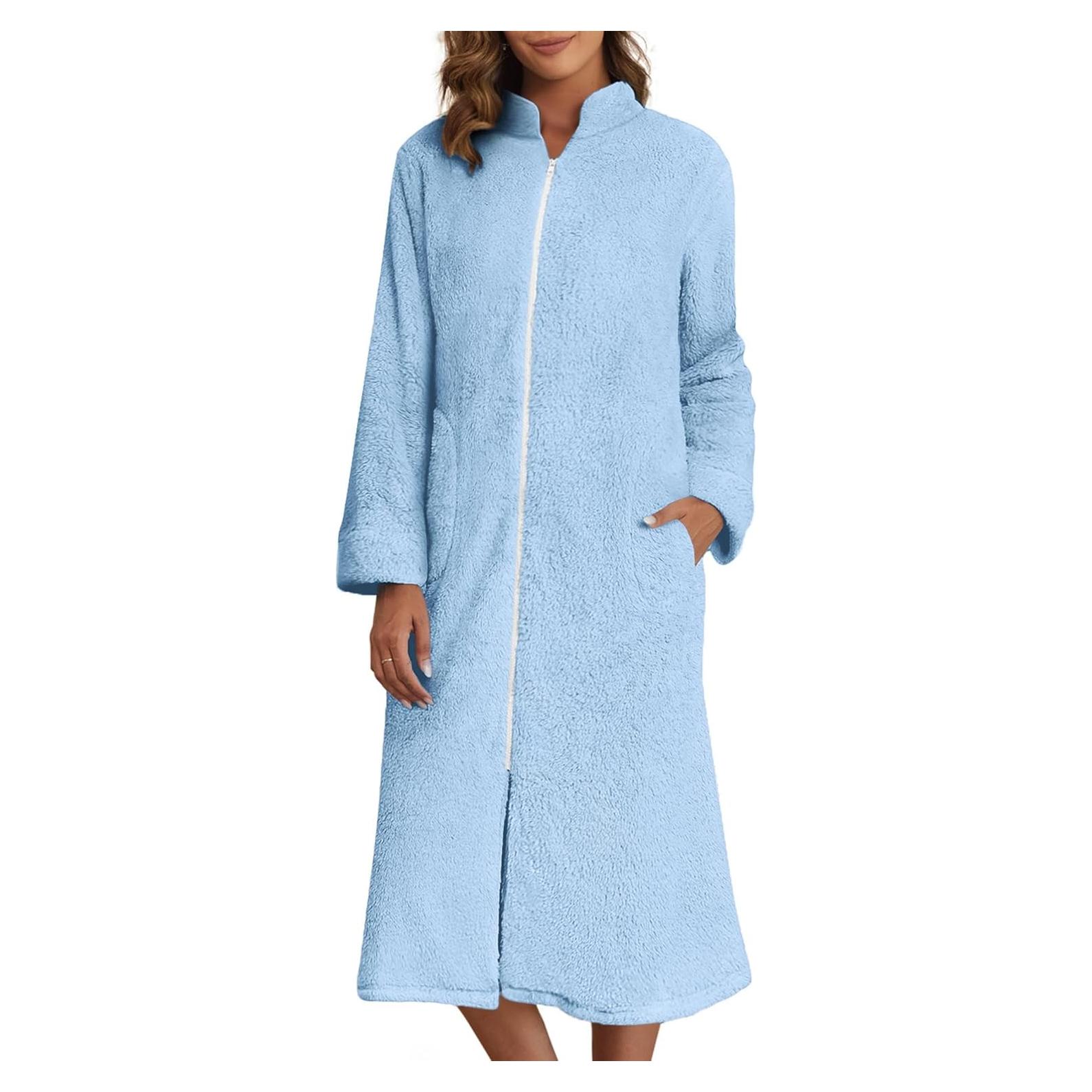 Bata de Baño con Cremallera Ekouaer para Mujeres - Forro Polar, Larga, Azul Bebé, S-XXL