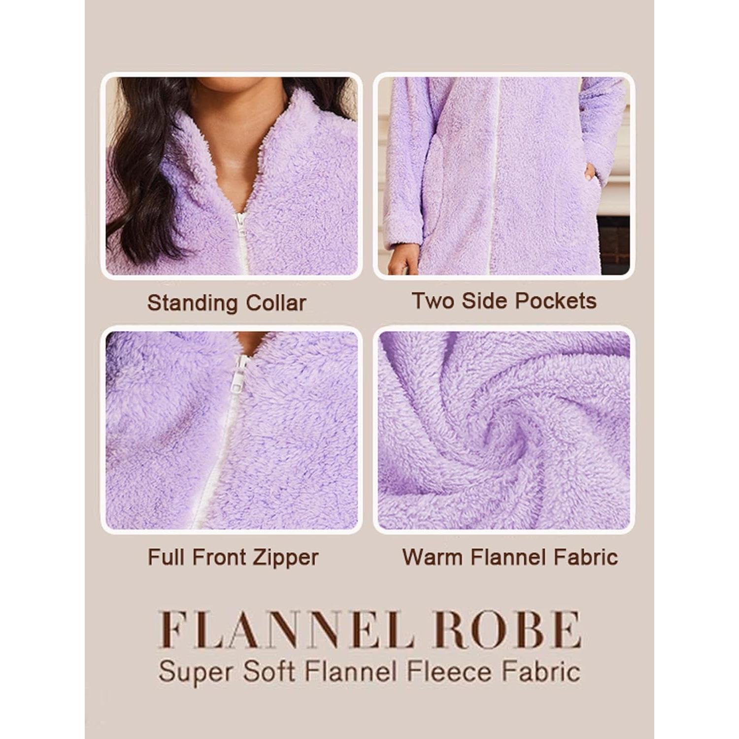 Bata de Baño con Cremallera Ekouaer para Mujeres - Forro Polar, Larga, Azul Bebé, S-XXL