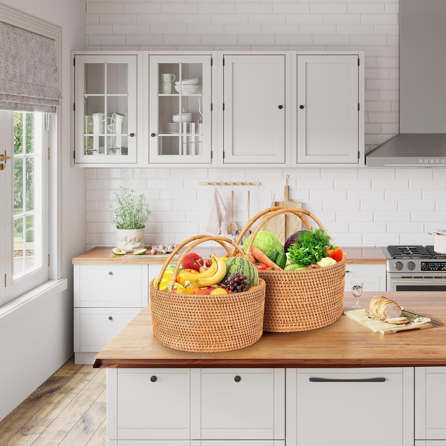 Cesta de Picnic de Ratán LALASUN 28 cm Redonda Marrón