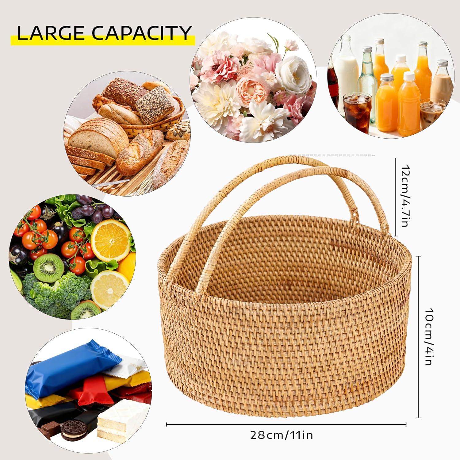 Cesta de Picnic de Ratán LALASUN 28 cm Redonda Marrón