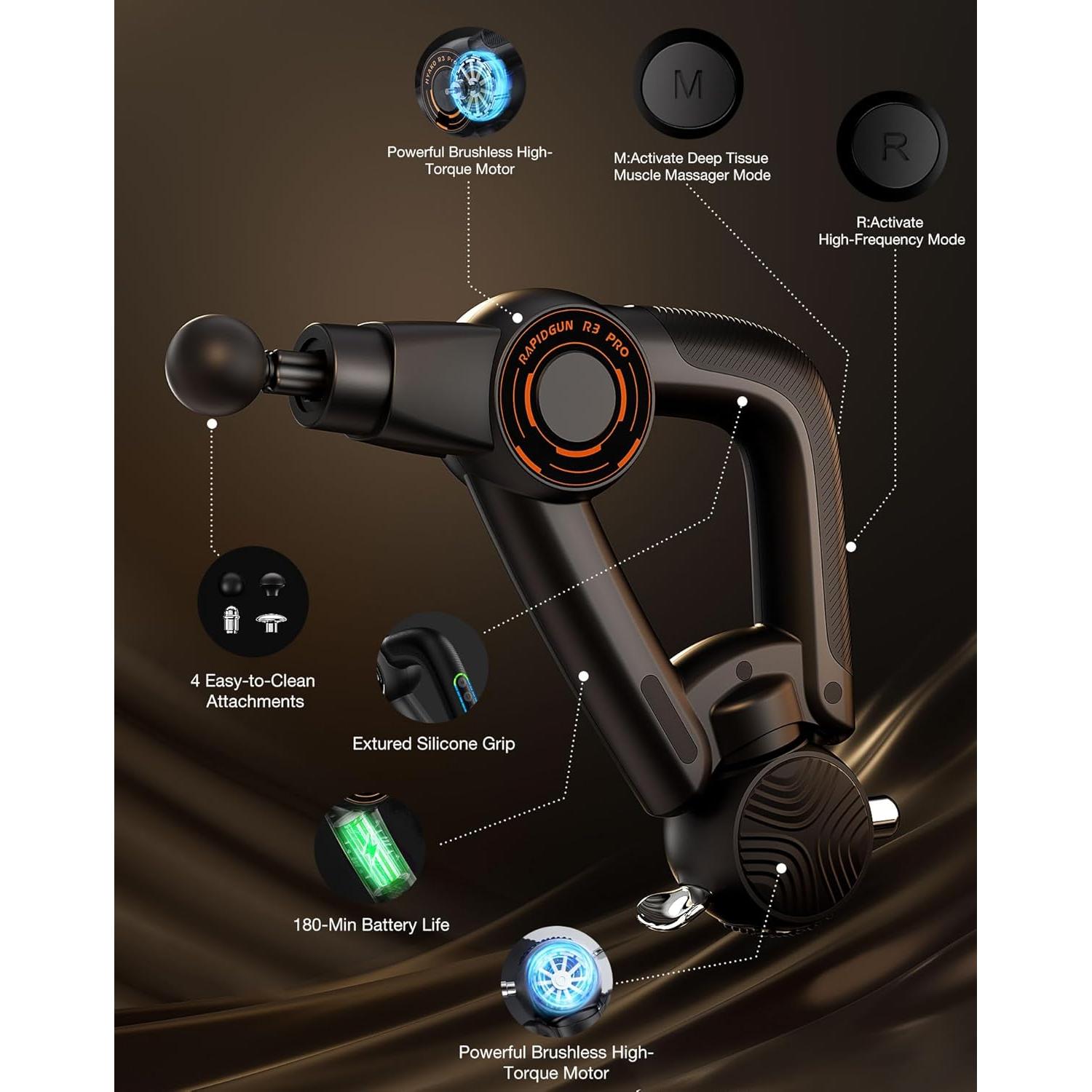 Pistola de Masaje R3 Pro 3-en-1 con Vibración 18mm 6500RPM
