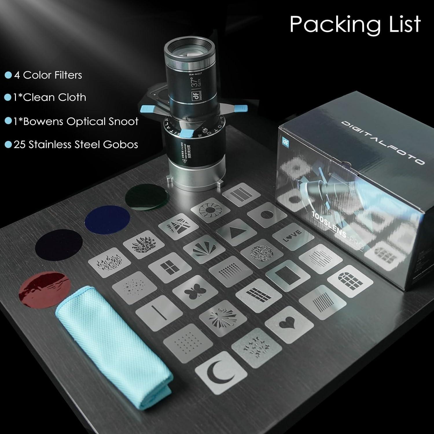 Snoot Óptico Bowens DF DIGITALFOTO con 4 Filtros y 25 Gobos