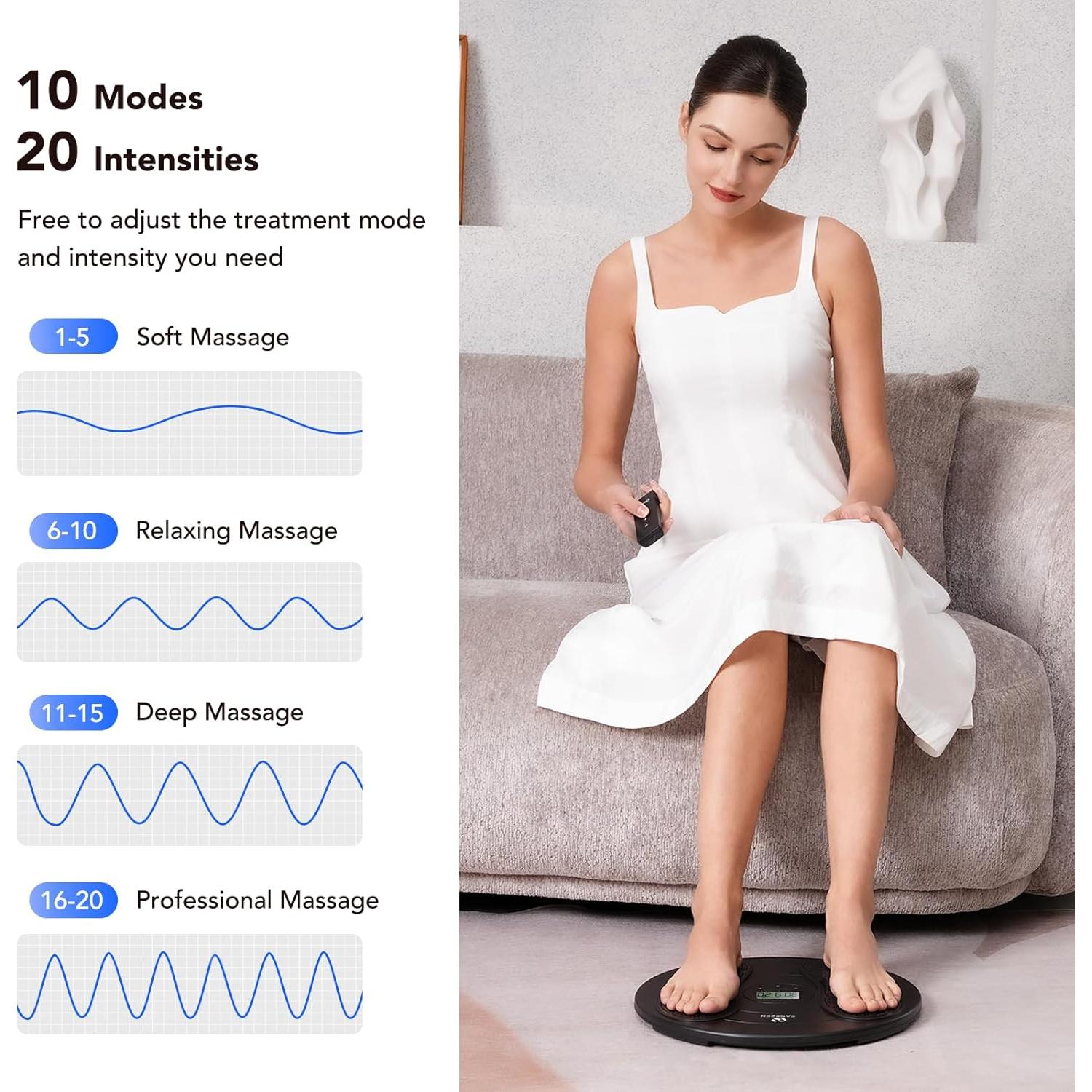 Masajeador de pies EaseZen TENS y EMS, 10 modos, 20 intensidades