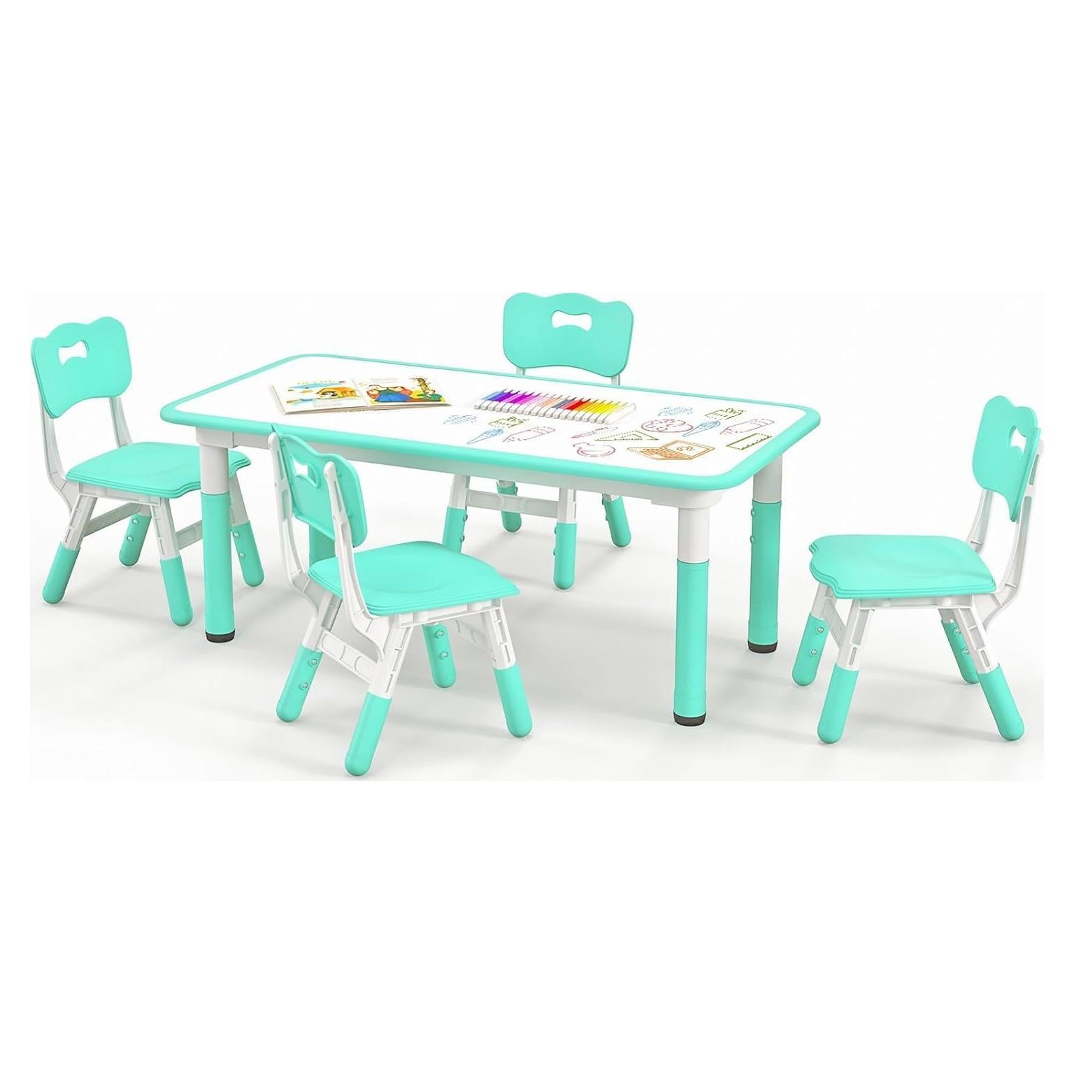 Costzon Kids Table and 4 Chair Set, Height Adjustable Toddler Desk and Chairs with Graffiti Desktop, Non-Slip Legs, Children Art Study Multi-Activity Table Set for Home, Daycare, School (Green)