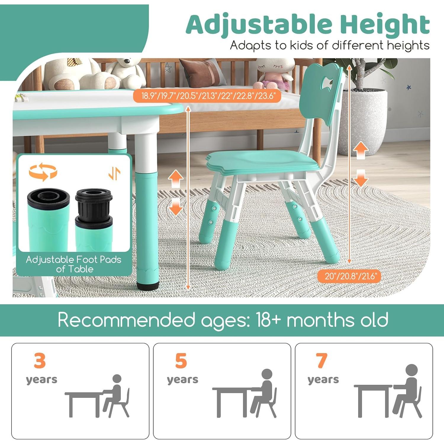 Costzon Kids Table and 4 Chair Set, Height Adjustable Toddler Desk and Chairs with Graffiti Desktop, Non-Slip Legs, Children Art Study Multi-Activity Table Set for Home, Daycare, School (Green)