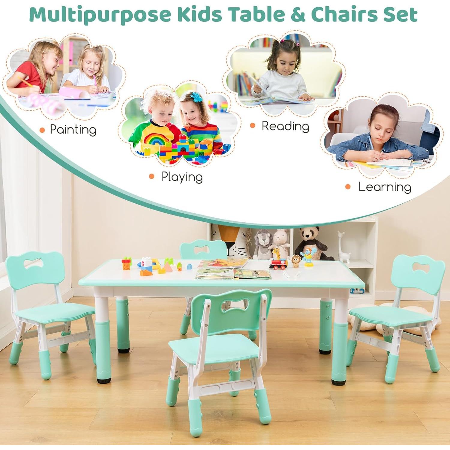 Costzon Kids Table and 4 Chair Set, Height Adjustable Toddler Desk and Chairs with Graffiti Desktop, Non-Slip Legs, Children Art Study Multi-Activity Table Set for Home, Daycare, School (Green)