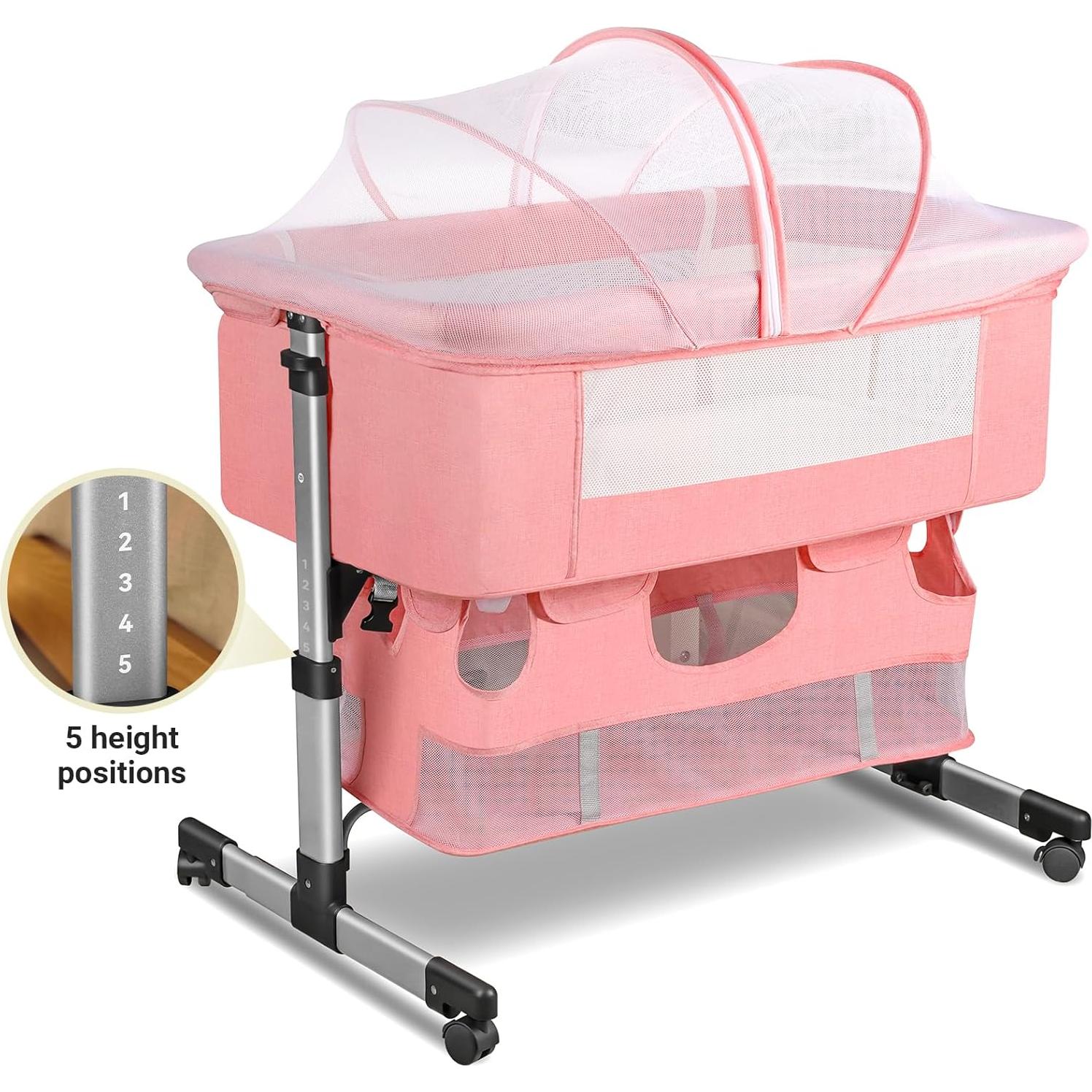 Cuna Lateral 3 en 1 Soobaby Rosa Ajustable para Bebé