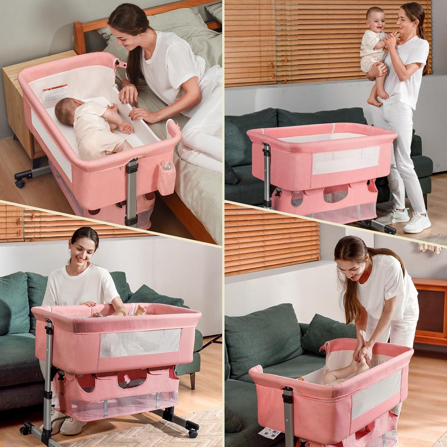 Cuna Lateral 3 en 1 Soobaby Rosa Ajustable para Bebé