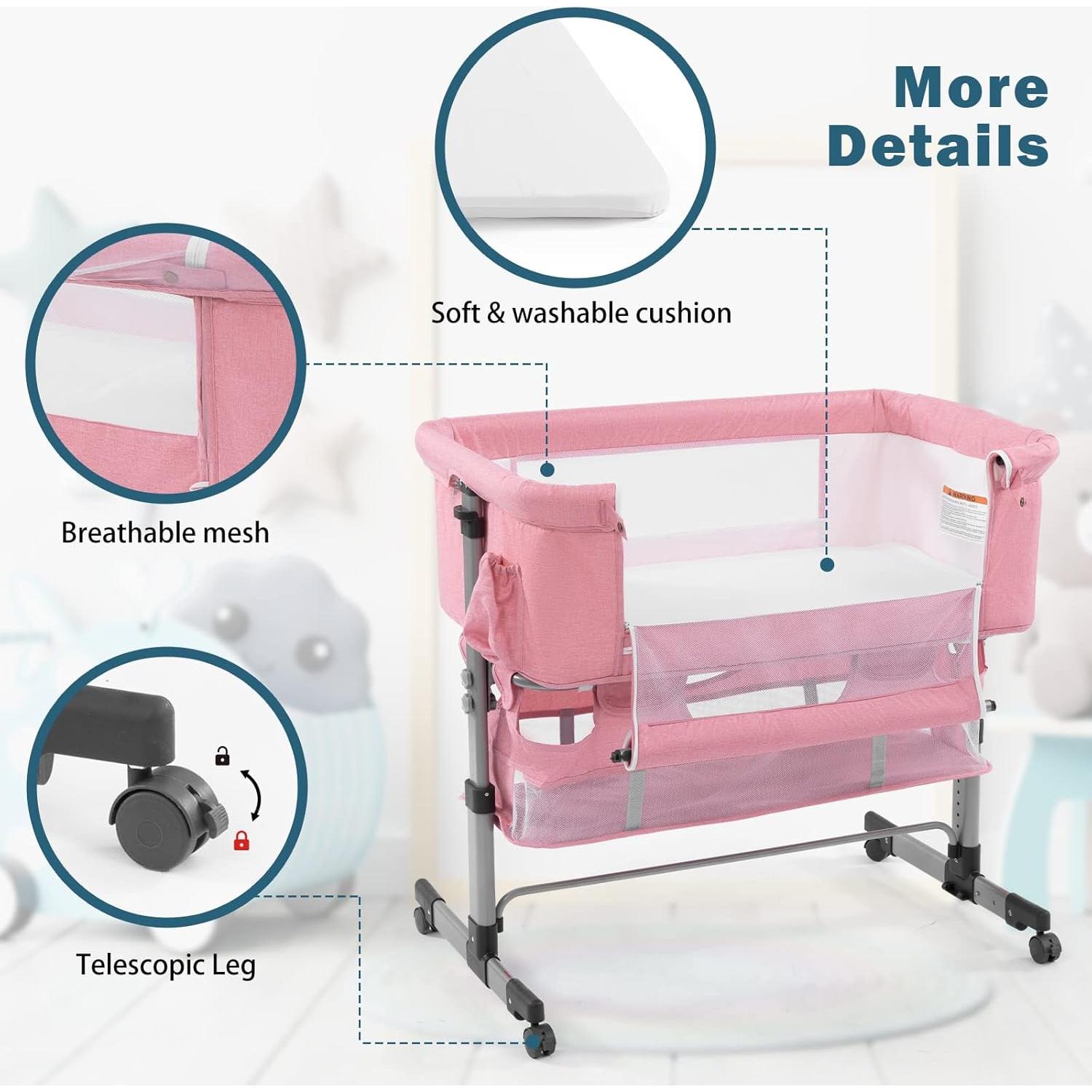 Cuna Lateral 3 en 1 Soobaby Rosa Ajustable para Bebé