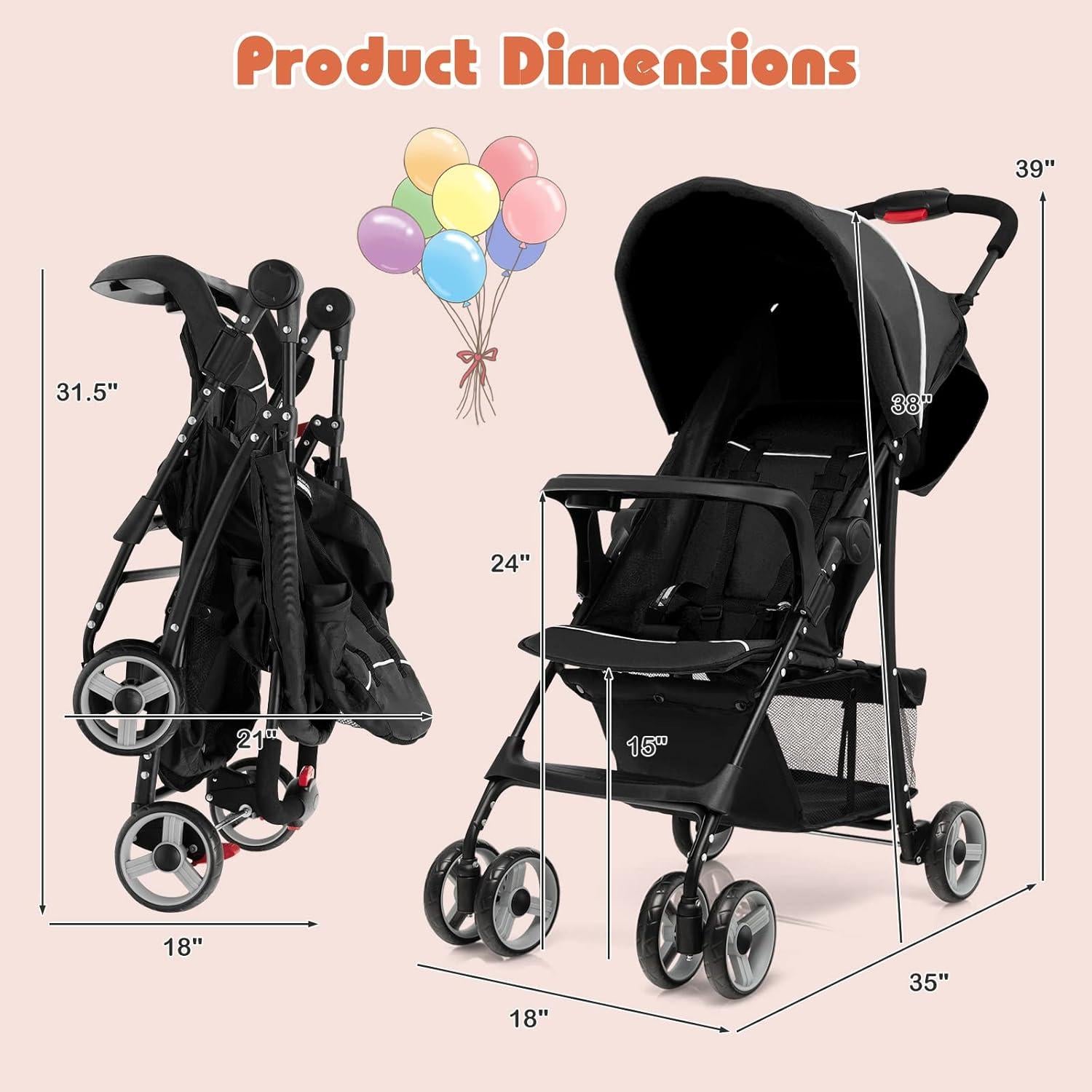 Carrito de Bebé HONEY JOY Tipo Paraguas Plegable 5.9 kg Negro