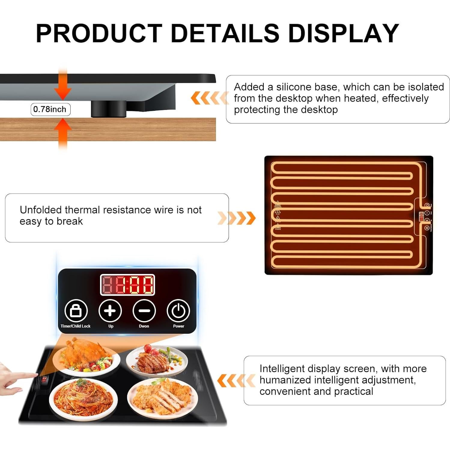 Bandeja Calentadora Eléctrica QEGOON 51x38cm con Termostato