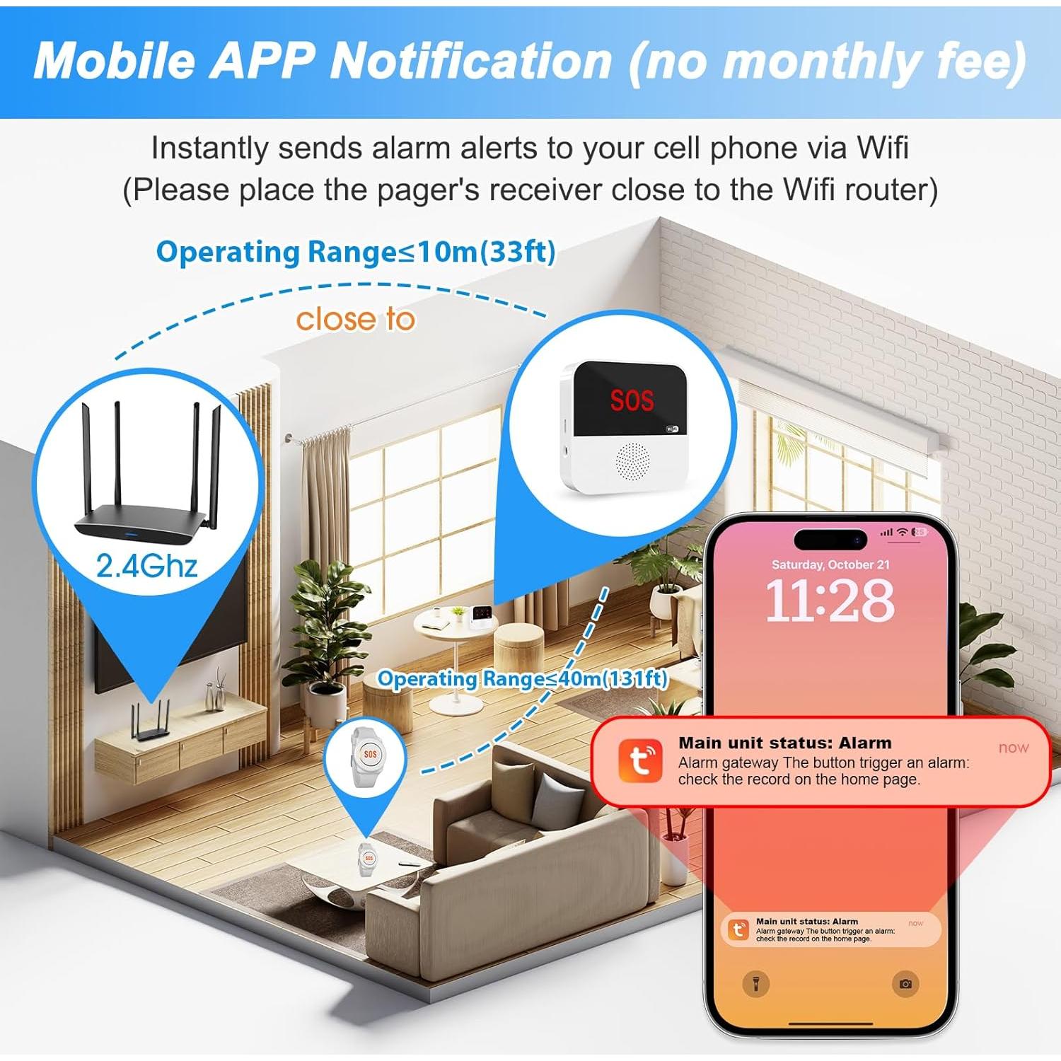 Sistema de Alerta de Emergencia SanJie WiFi para Ancianos 1 Botón y Reloj