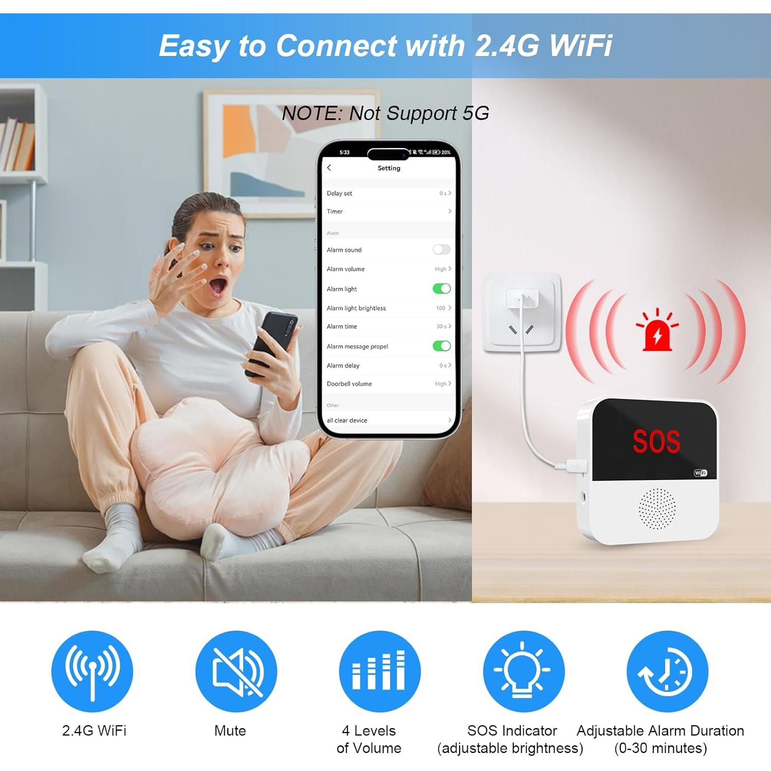 Sistema de Alerta de Emergencia SanJie WiFi para Ancianos 1 Botón y Reloj