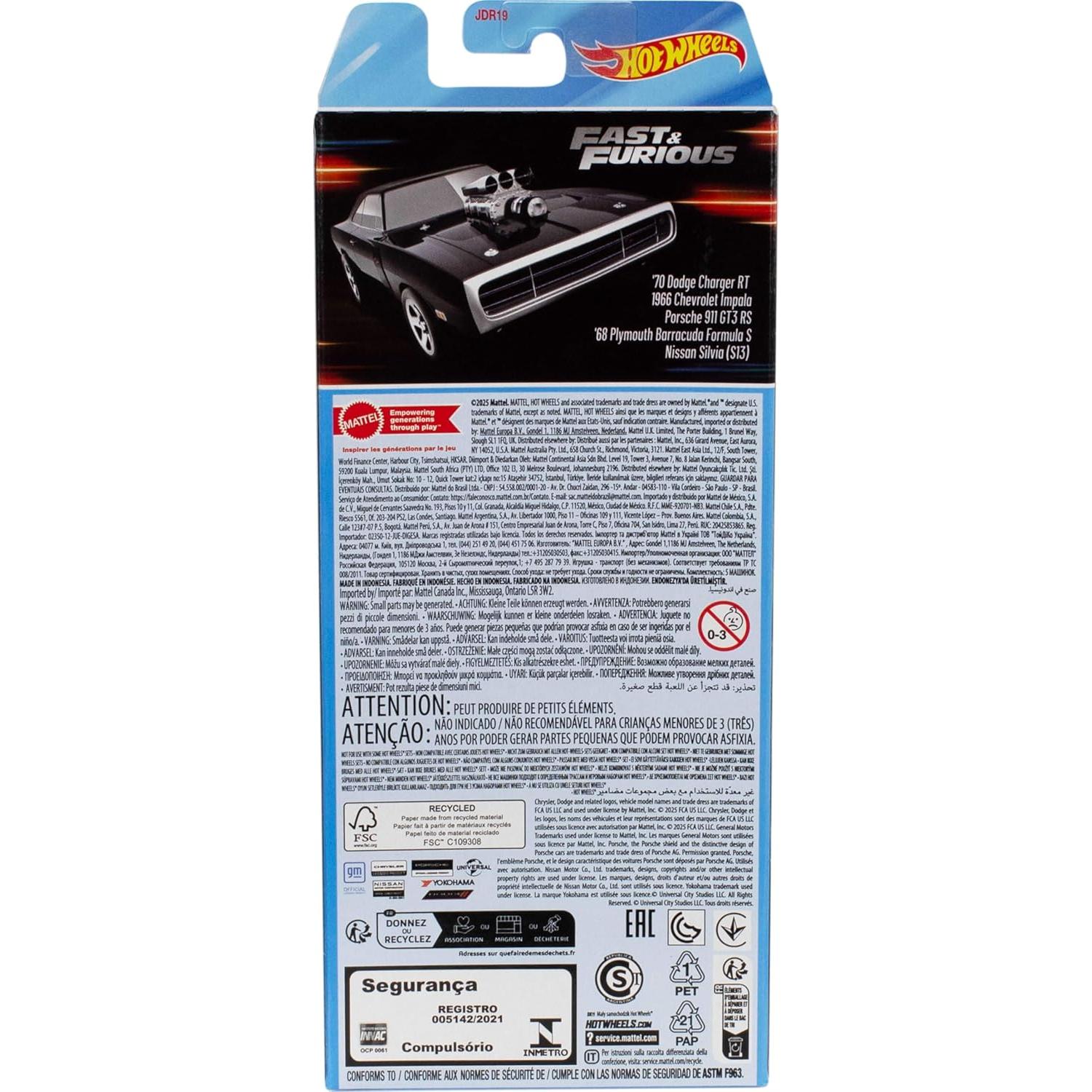 Hot Wheels Set de 5 Coches de Juguete Metal 1:64 Rápido y Furioso