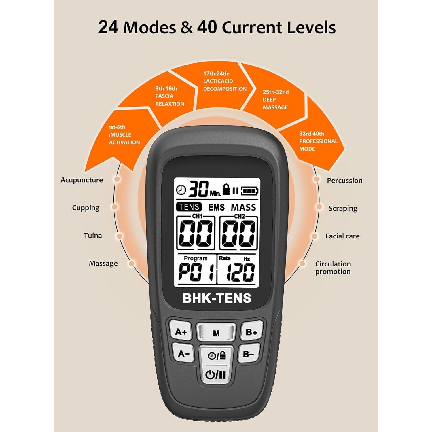 Estimulador Muscular TENS EMS BHK-TENS 24 Modos 40 Niveles